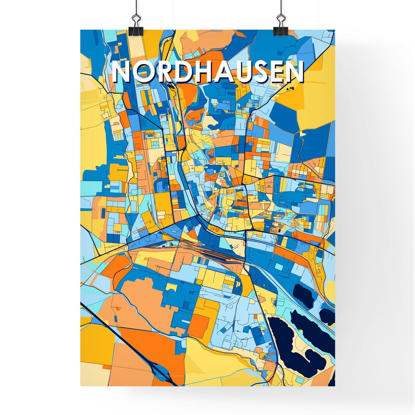 NORDHAUSEN GERMANY Vibrant Colorful Art Map Poster Blue Orange