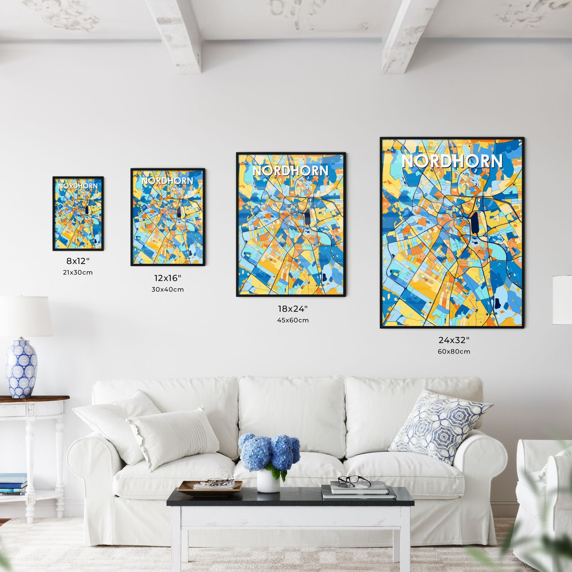 NORDHORN GERMANY Vibrant Colorful Art Map Poster Blue Orange