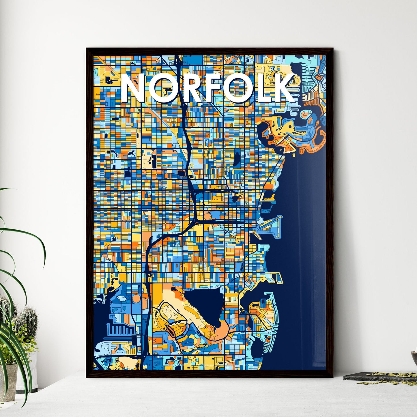 NORFOLK VIRGINIA Vibrant Colorful Art Map Poster Blue Orange