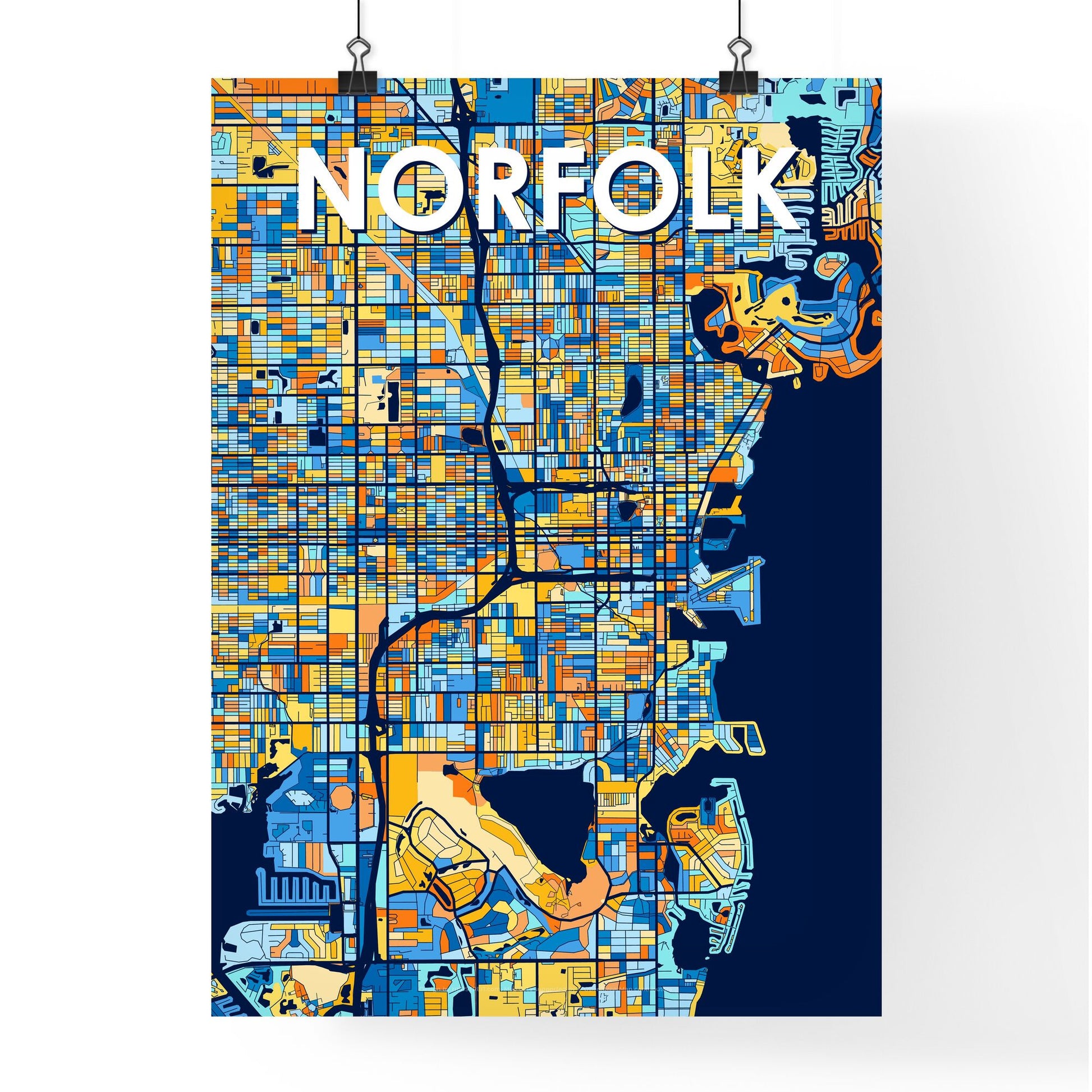 NORFOLK VIRGINIA Vibrant Colorful Art Map Poster Blue Orange