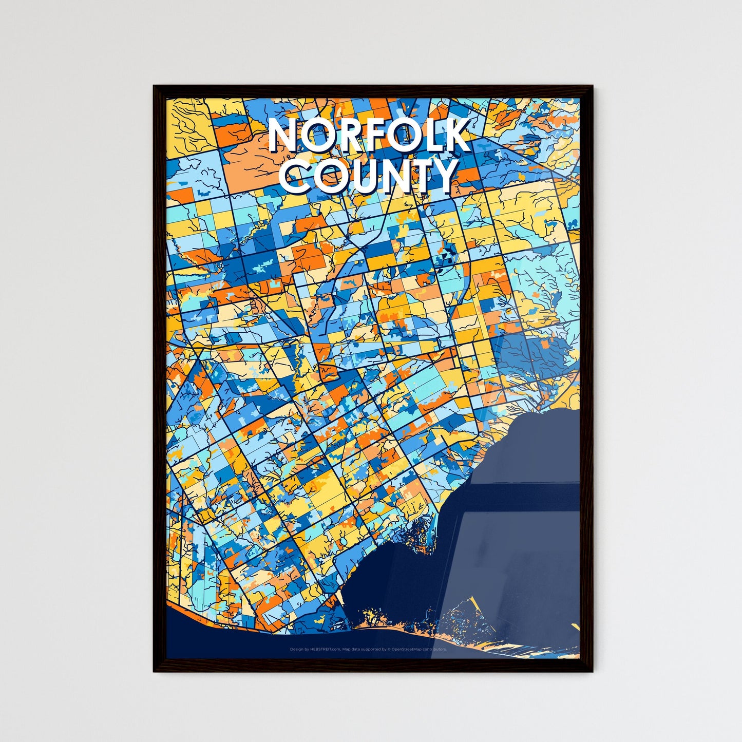 NORFOLK COUNTY CANADA Vibrant Colorful Art Map Poster Blue Orange