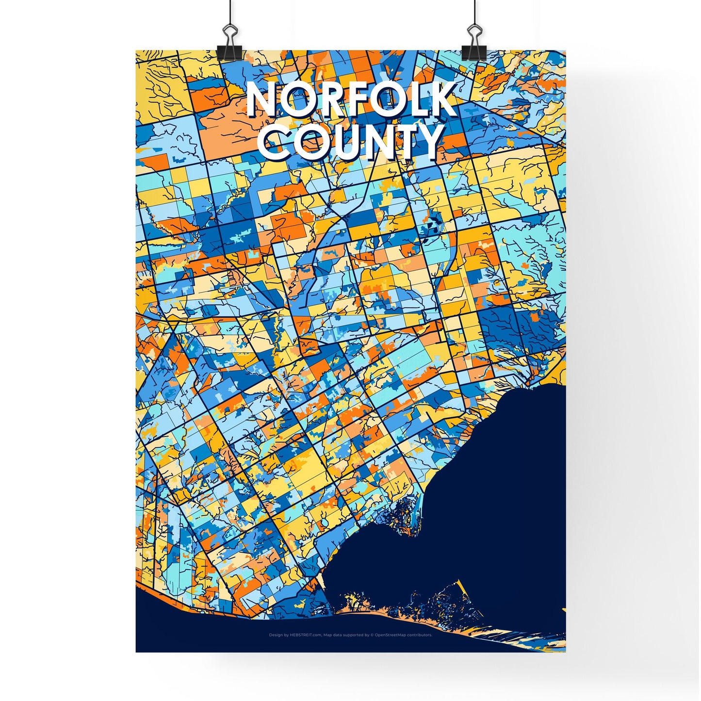 NORFOLK COUNTY CANADA Vibrant Colorful Art Map Poster Blue Orange