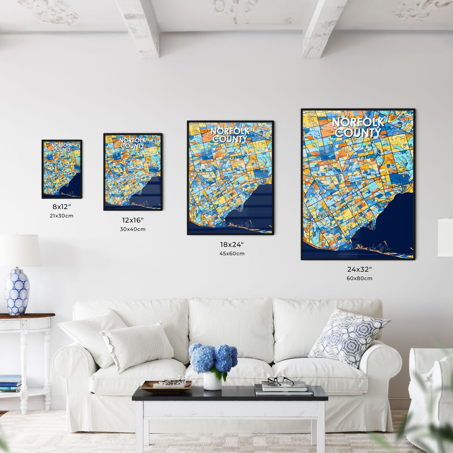 NORFOLK COUNTY CANADA Vibrant Colorful Art Map Poster Blue Orange