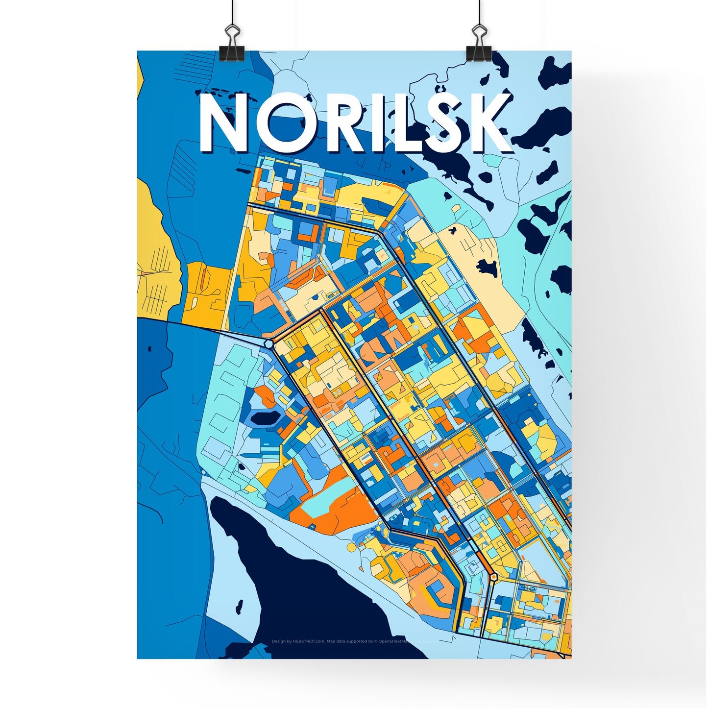 NORILSK RUSSIA Vibrant Colorful Art Map Poster Blue Orange