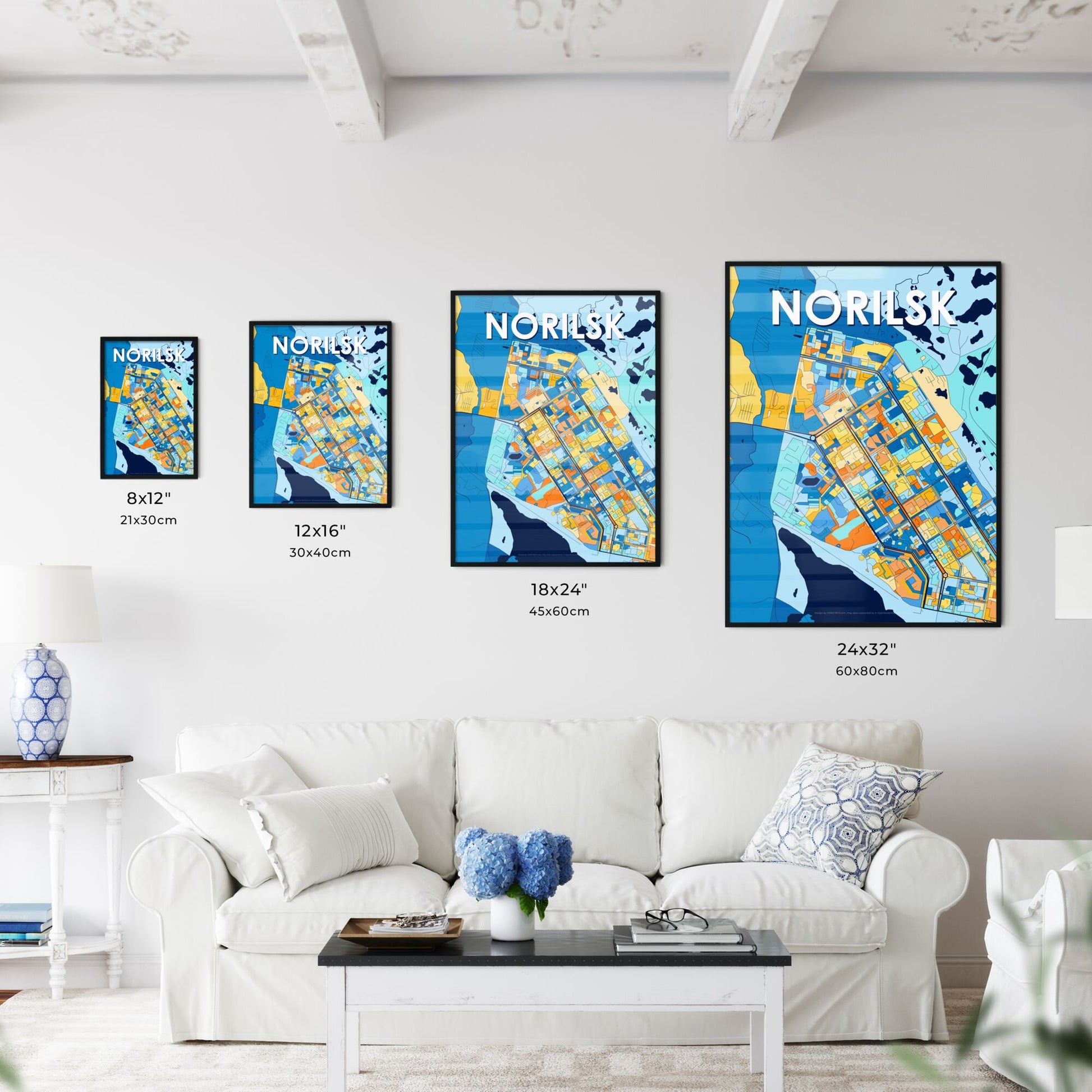 NORILSK RUSSIA Vibrant Colorful Art Map Poster Blue Orange