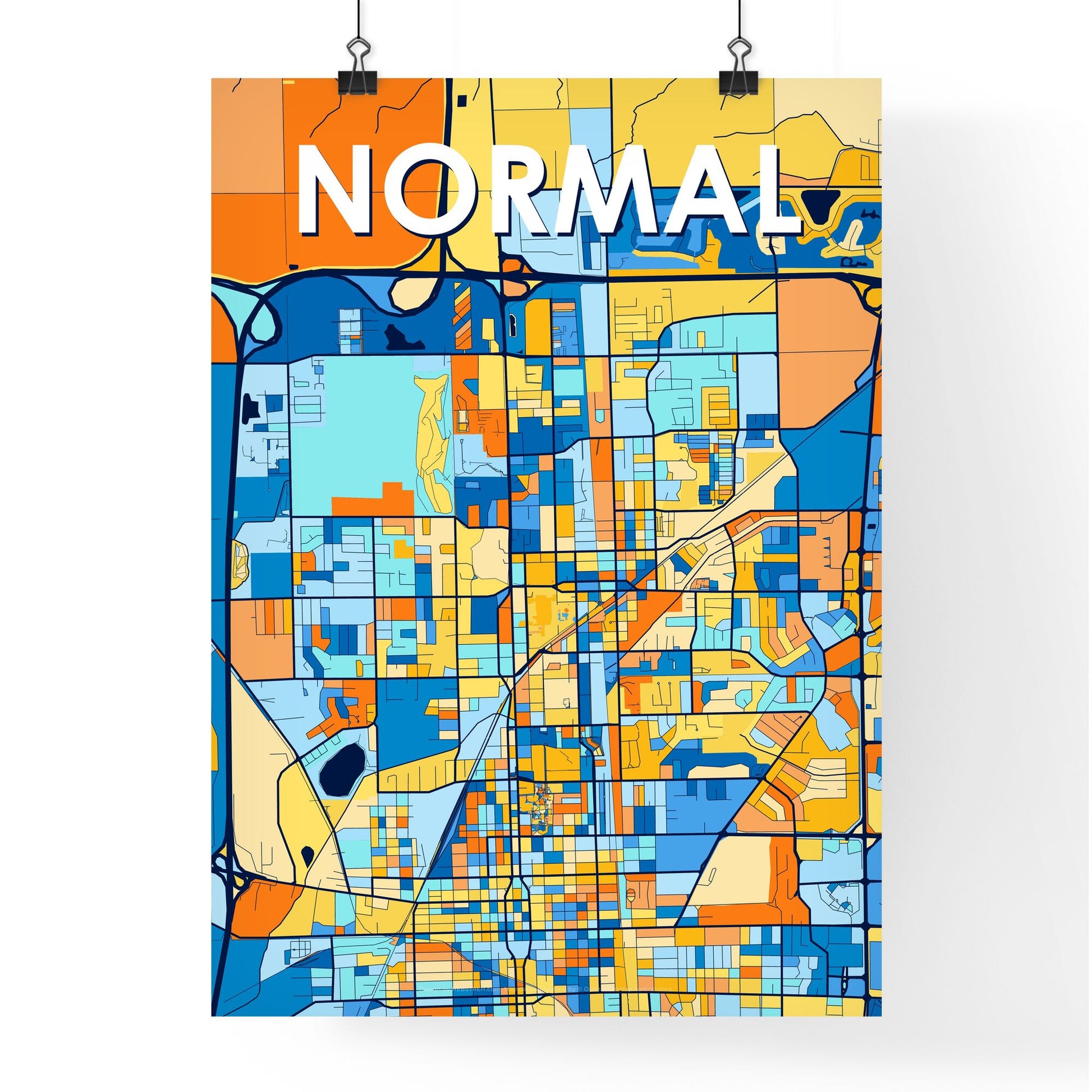 NORMAL ILLINOIS Vibrant Colorful Art Map Poster Blue Orange