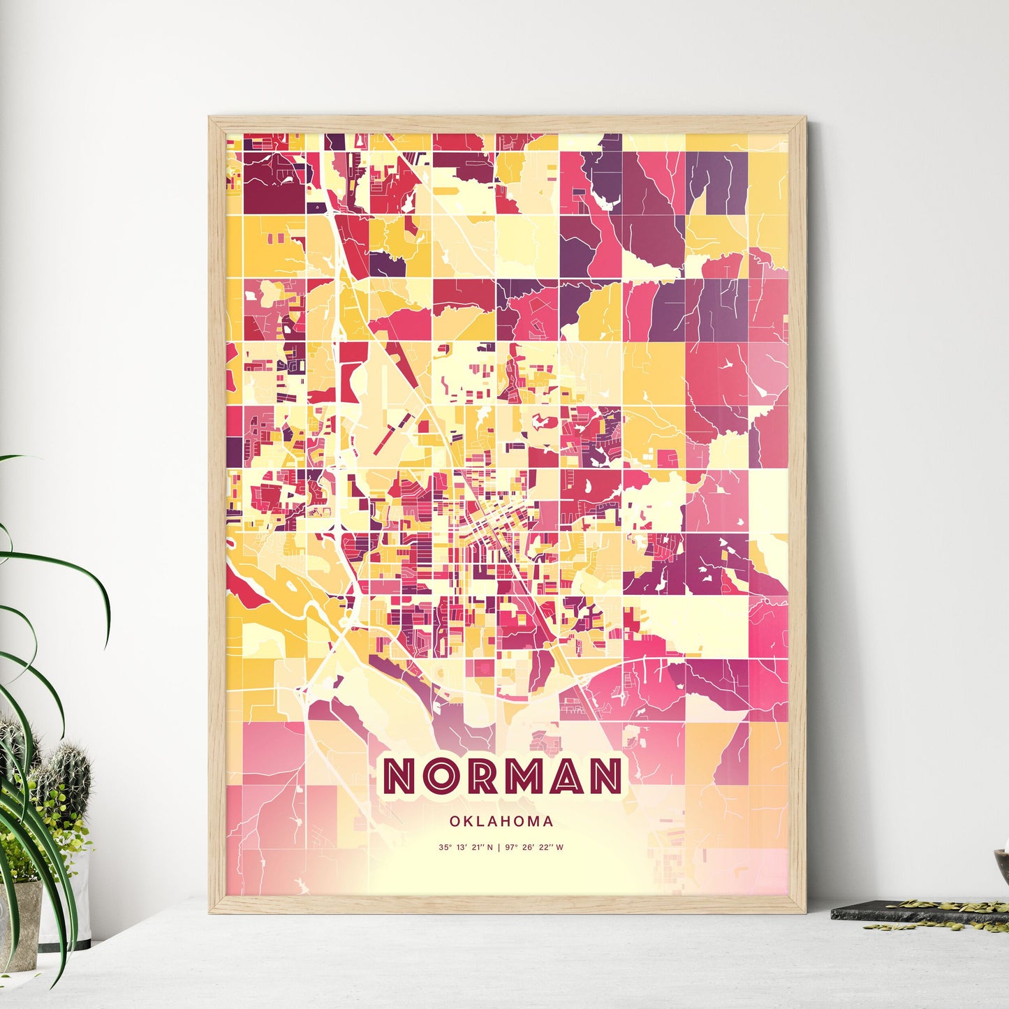 Colorful Norman Oklahoma Fine Art Map Hot Red