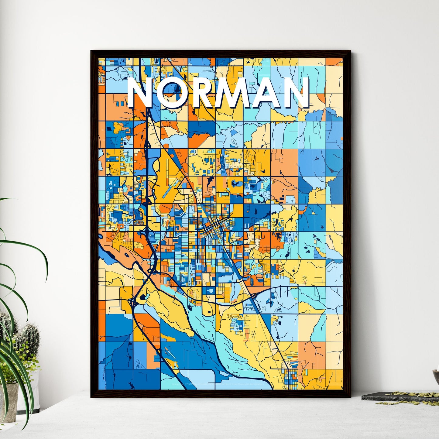 NORMAN OKLAHOMA Vibrant Colorful Art Map Poster Blue Orange