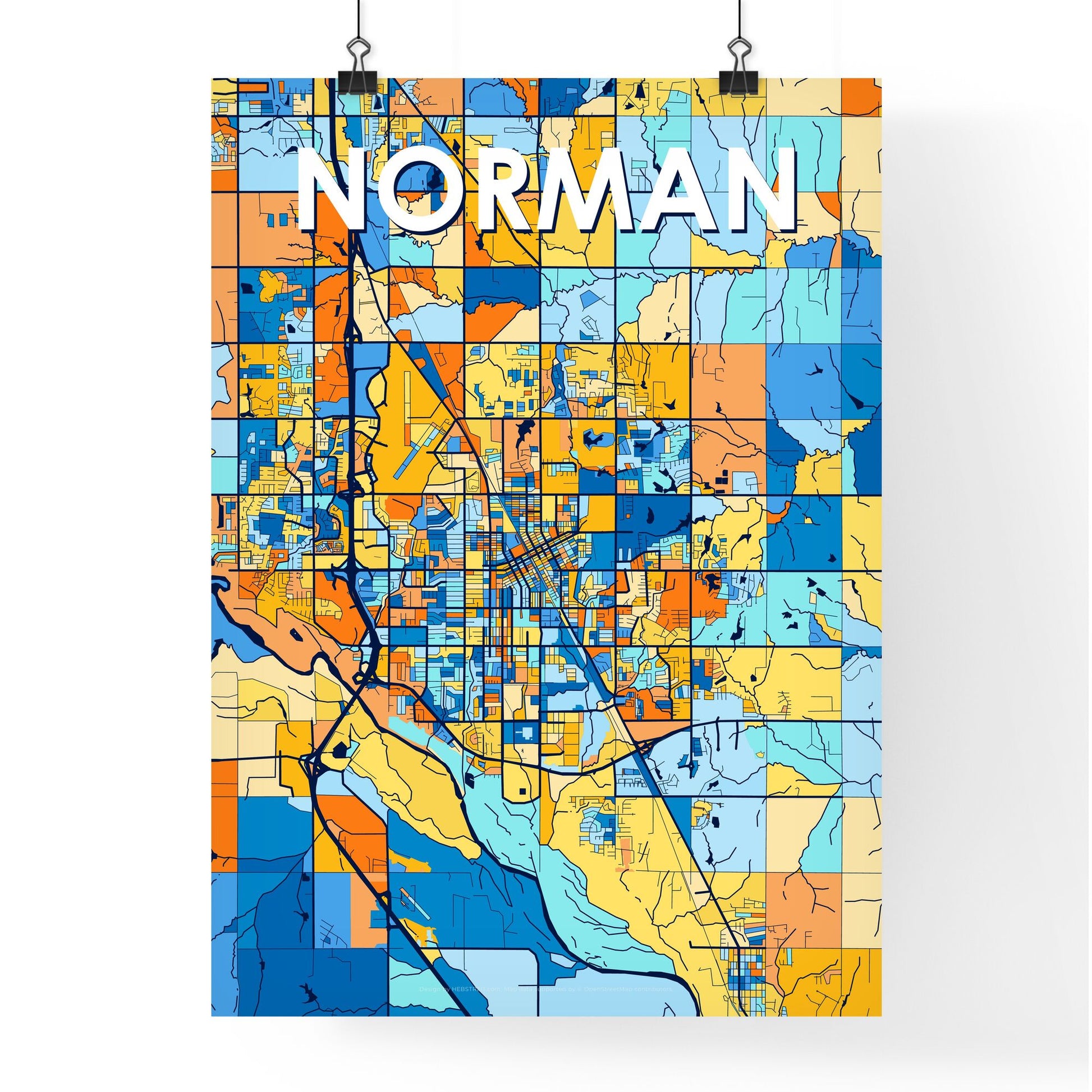 NORMAN OKLAHOMA Vibrant Colorful Art Map Poster Blue Orange