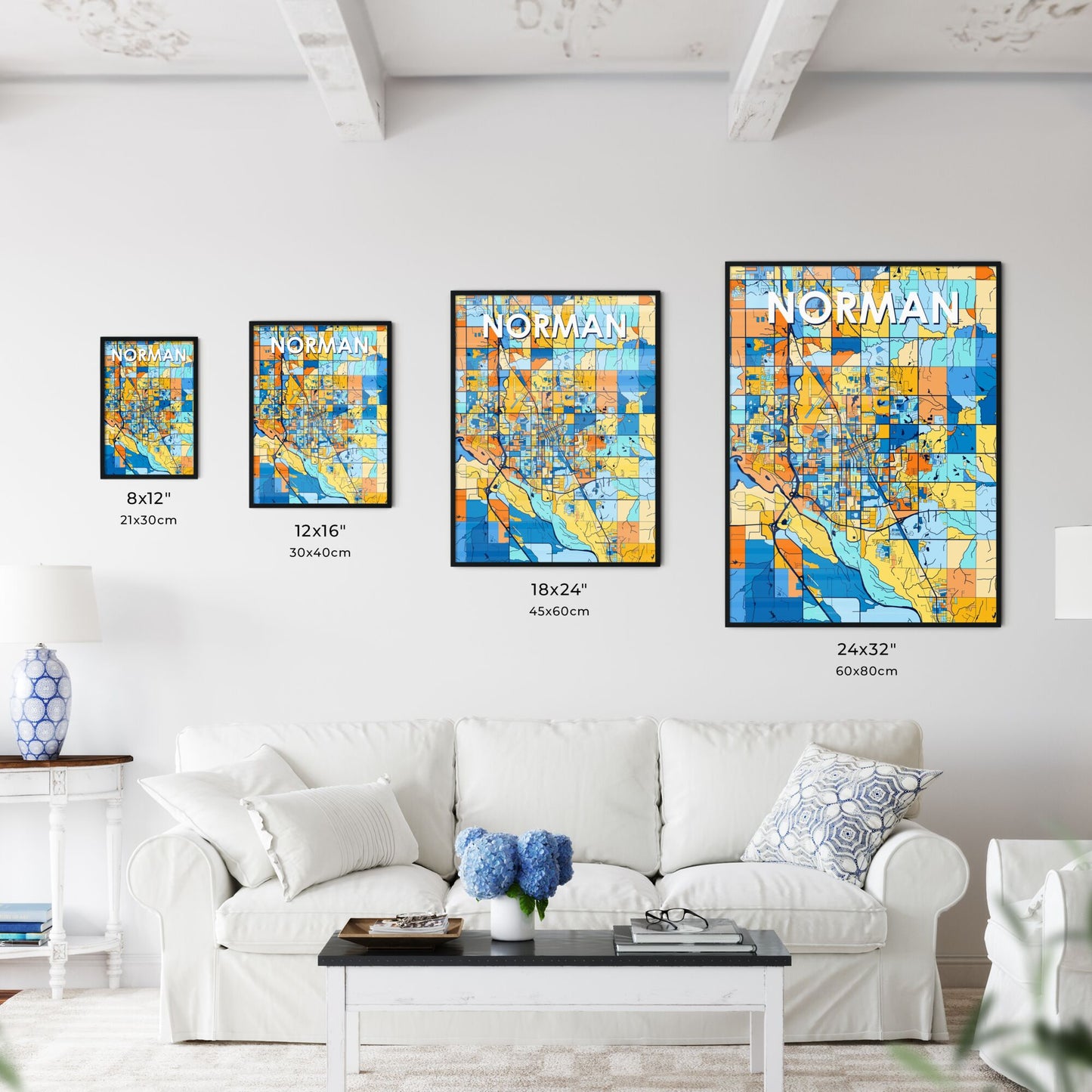 NORMAN OKLAHOMA Vibrant Colorful Art Map Poster Blue Orange