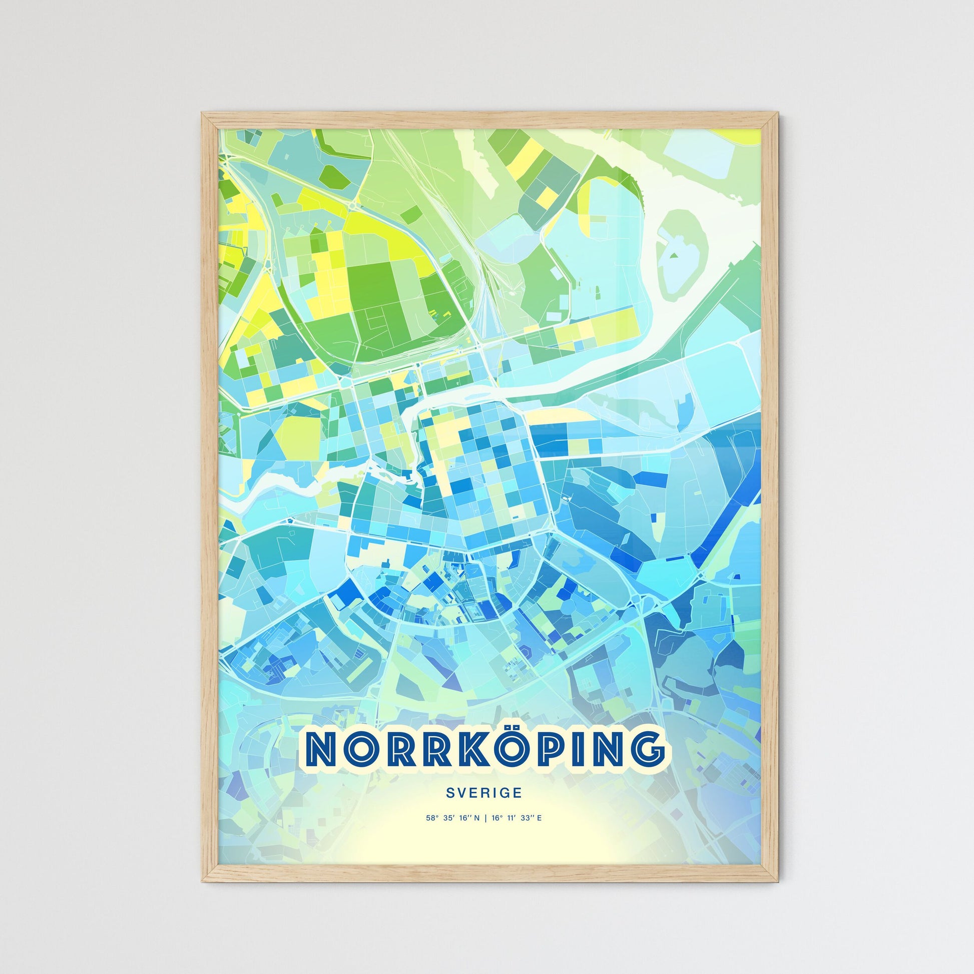 Colorful Norrköping Sweden Fine Art Map Cool Blue