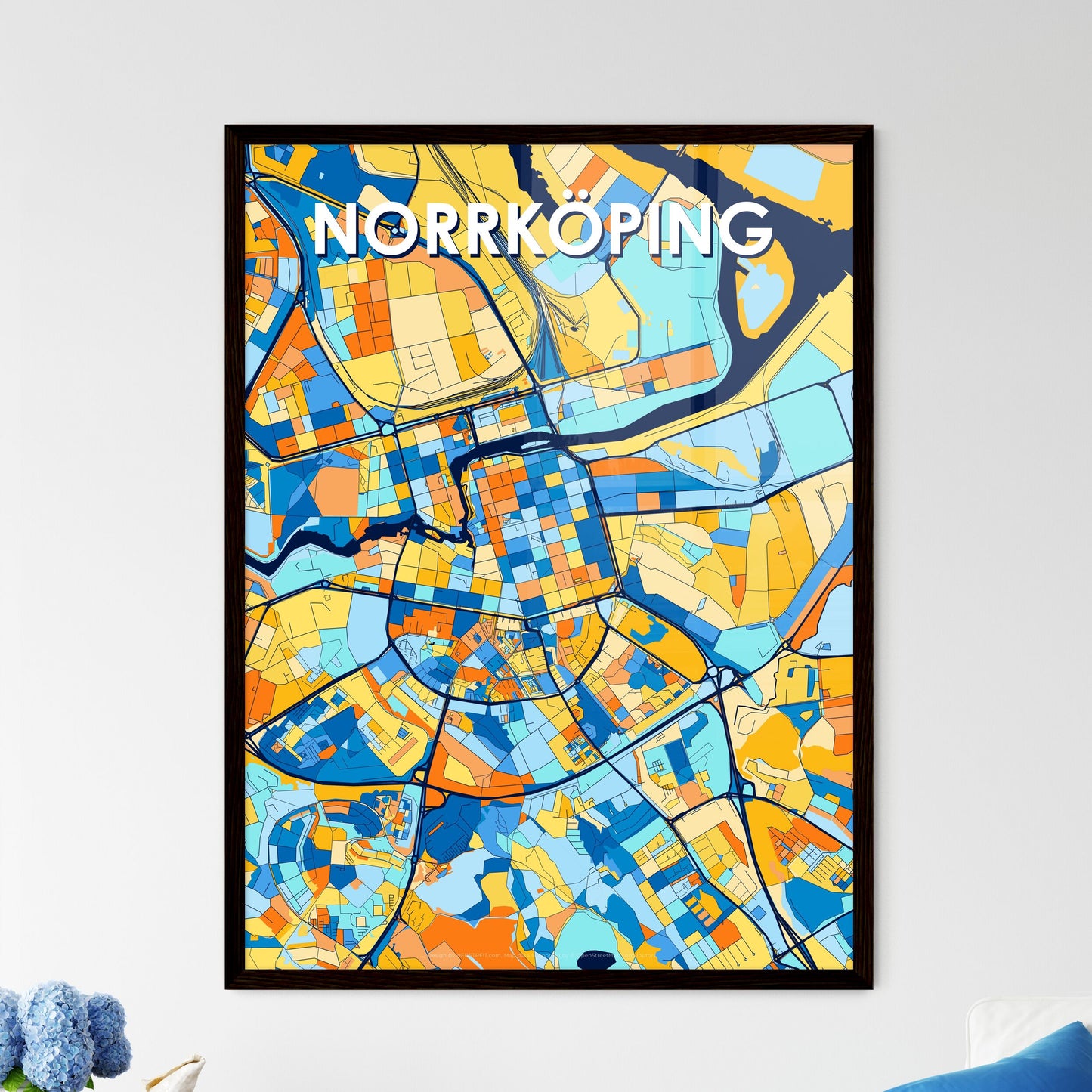 NORRKÖPING SWEDEN Vibrant Colorful Art Map Poster Blue Orange