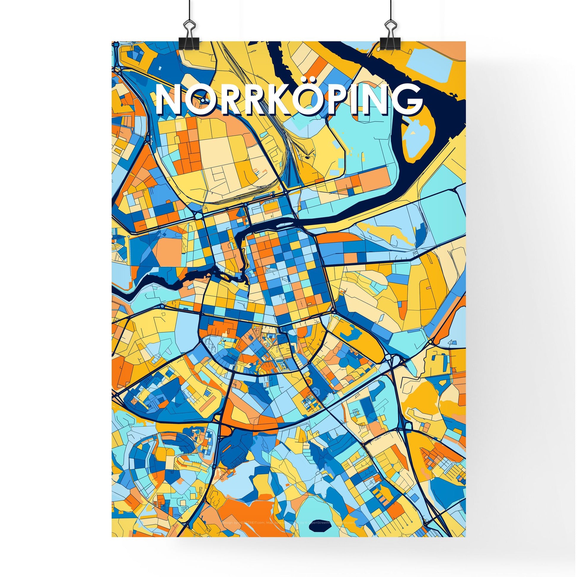 NORRKÖPING SWEDEN Vibrant Colorful Art Map Poster Blue Orange