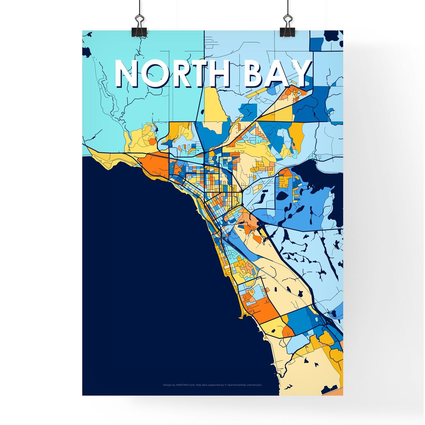 NORTH BAY CANADA Vibrant Colorful Art Map Poster Blue Orange