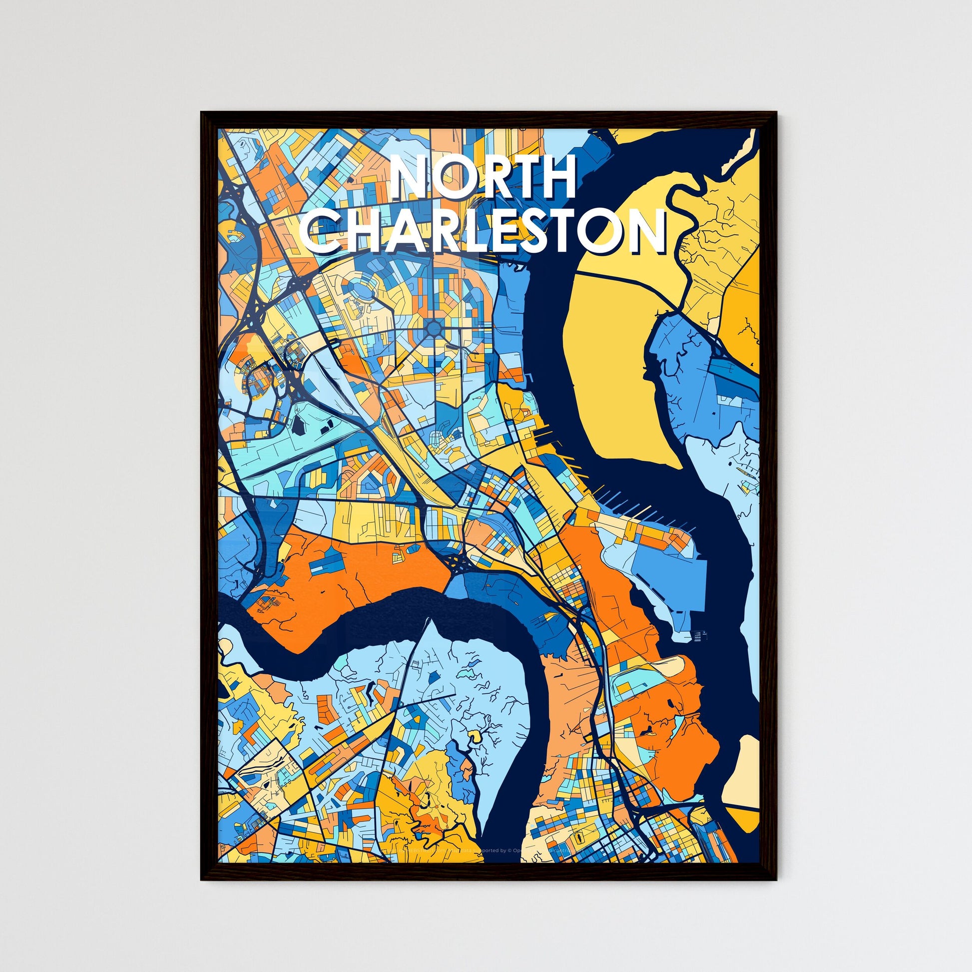 NORTH CHARLESTON SOUTH CAROLINA Vibrant Colorful Art Map Poster Blue Orange