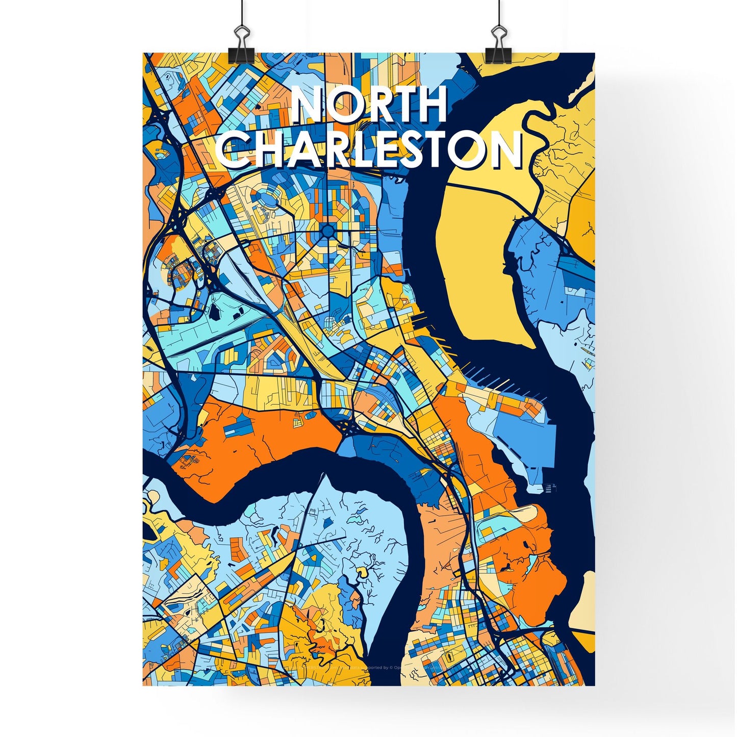 NORTH CHARLESTON SOUTH CAROLINA Vibrant Colorful Art Map Poster Blue Orange