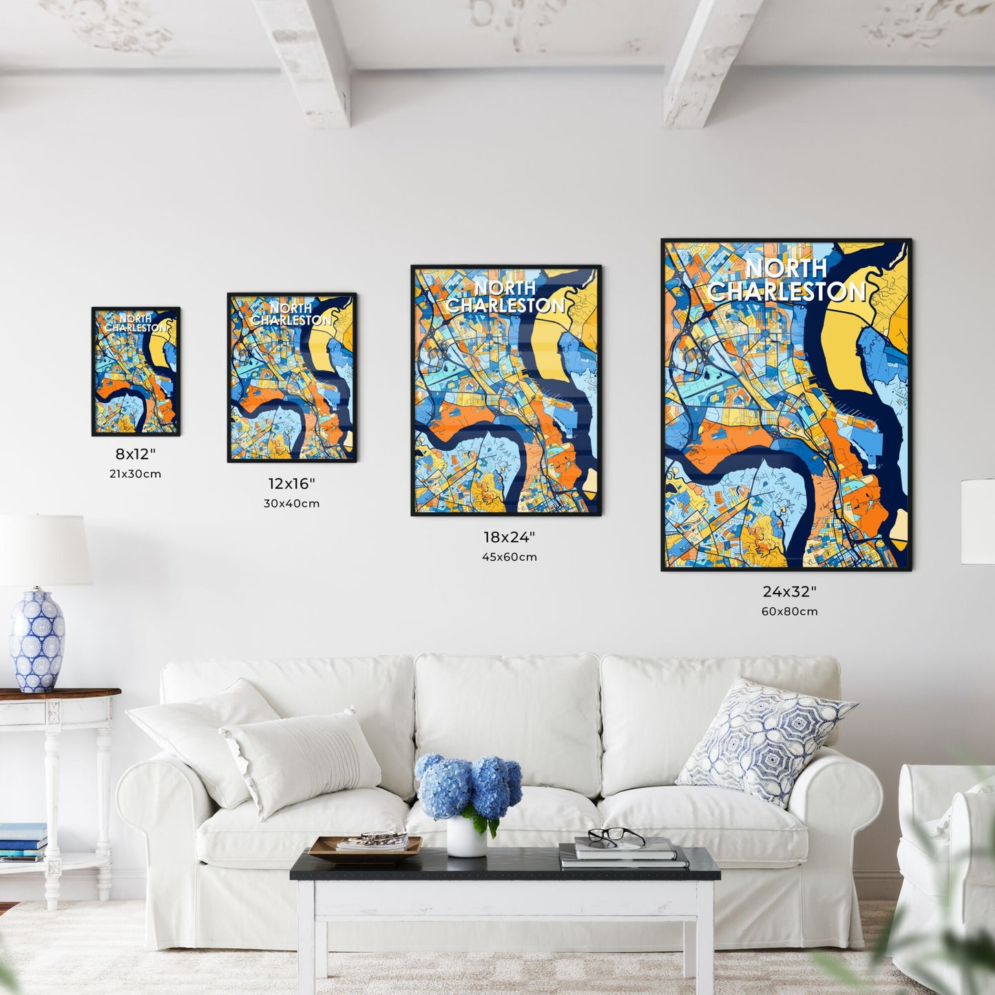 NORTH CHARLESTON SOUTH CAROLINA Vibrant Colorful Art Map Poster Blue Orange