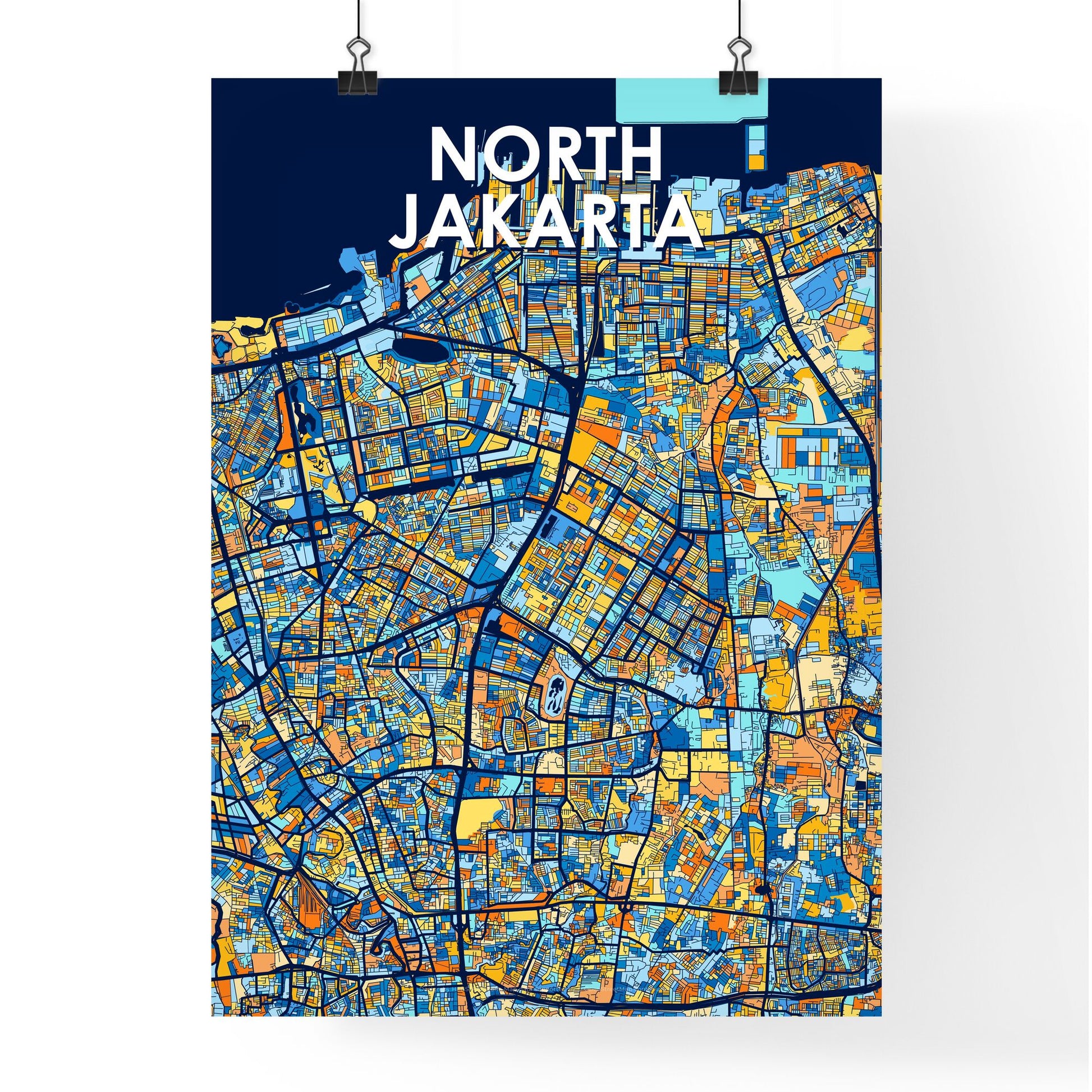 NORTH JAKARTA INDONESIA Vibrant Colorful Art Map Poster Blue Orange