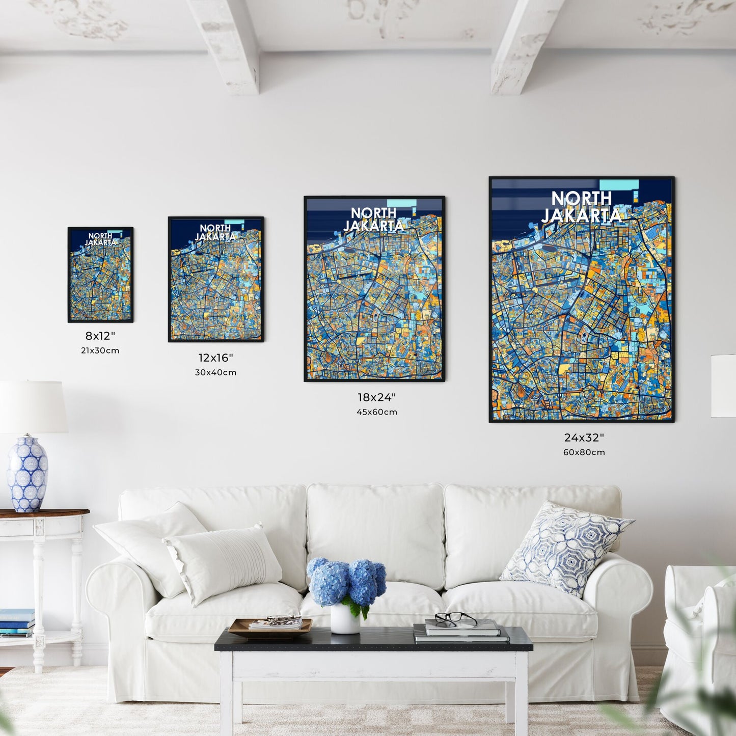 NORTH JAKARTA INDONESIA Vibrant Colorful Art Map Poster Blue Orange