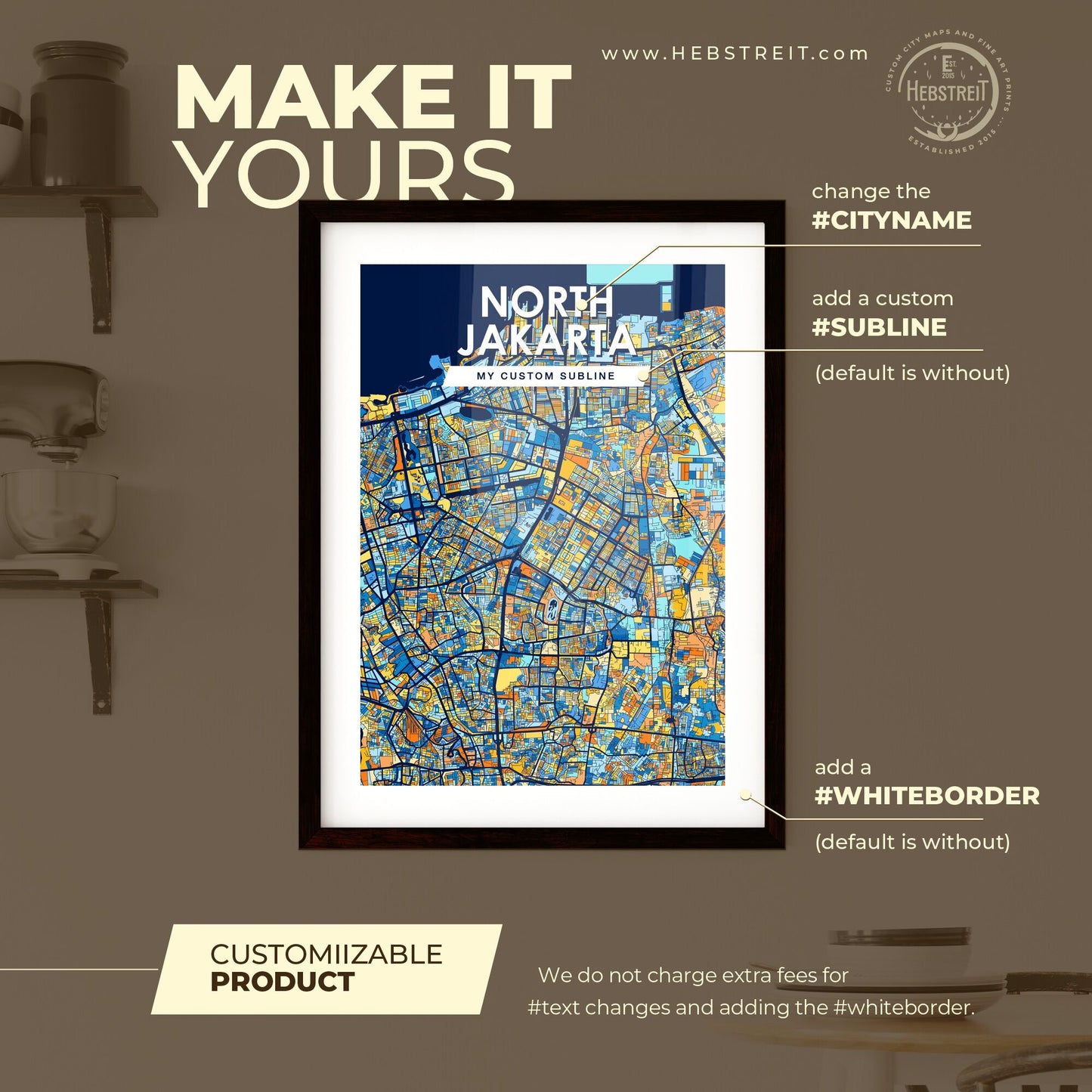 NORTH JAKARTA INDONESIA Vibrant Colorful Art Map Poster Blue Orange