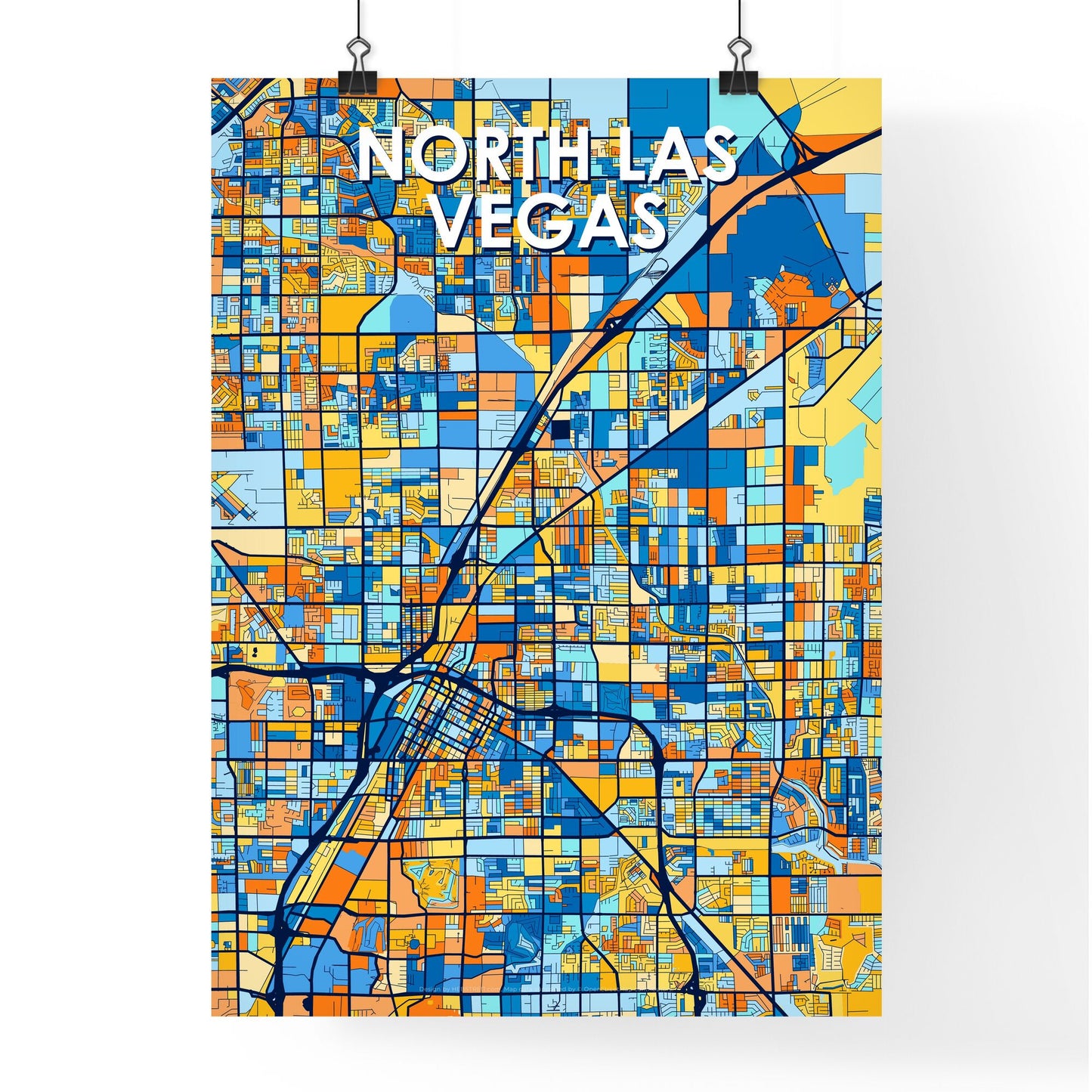 NORTH LAS VEGAS NEVADA Vibrant Colorful Art Map Poster Blue Orange