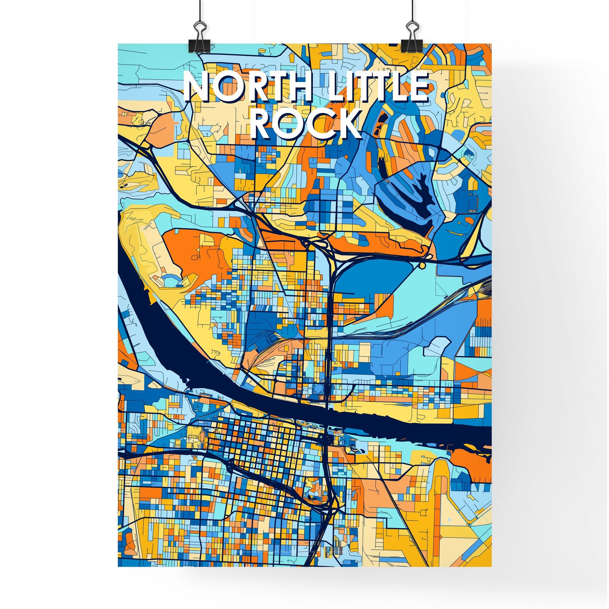 NORTH LITTLE ROCK ARKANSAS Vibrant Colorful Art Map Poster Blue Orange