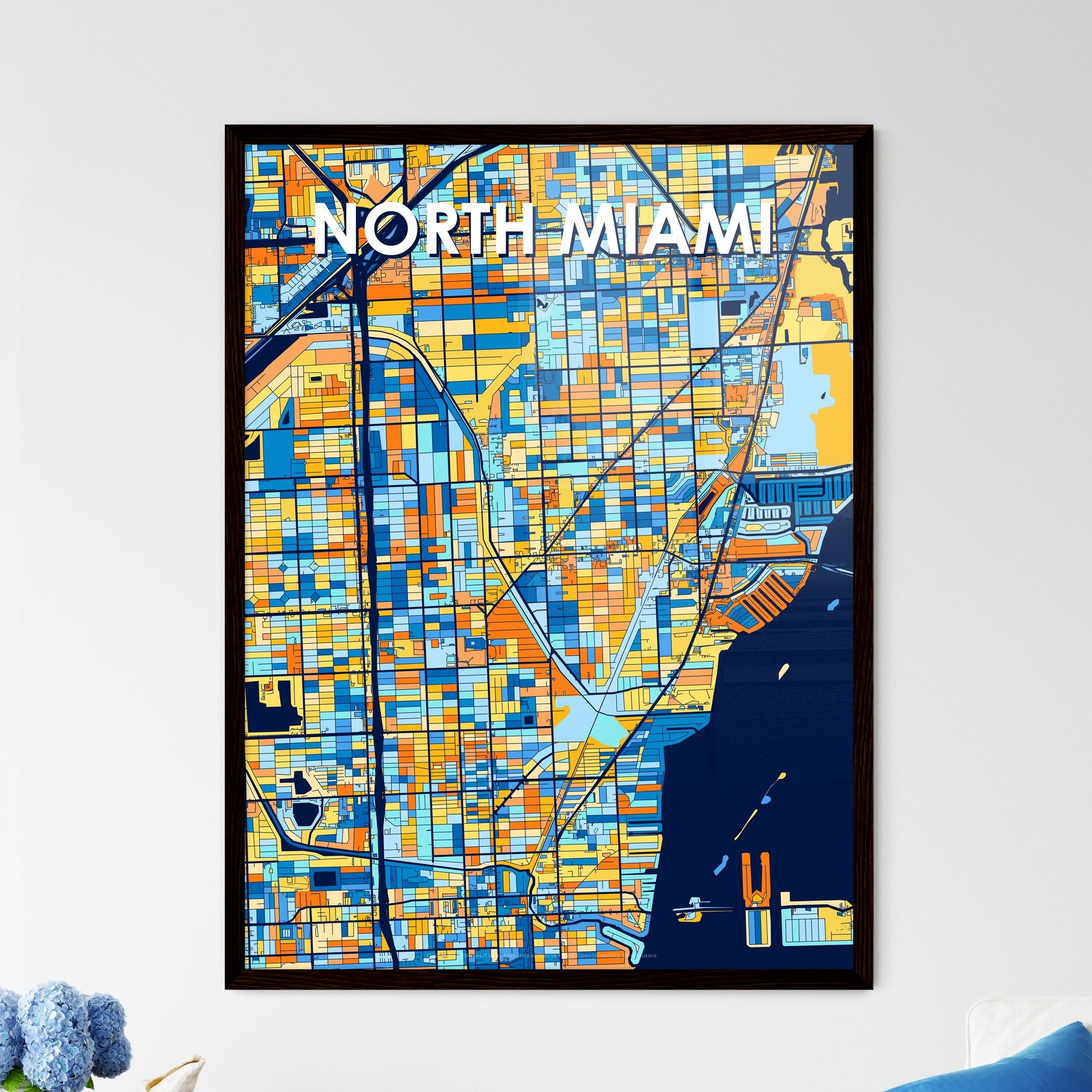 NORTH MIAMI FLORIDA Vibrant Colorful Art Map Poster Blue Orange