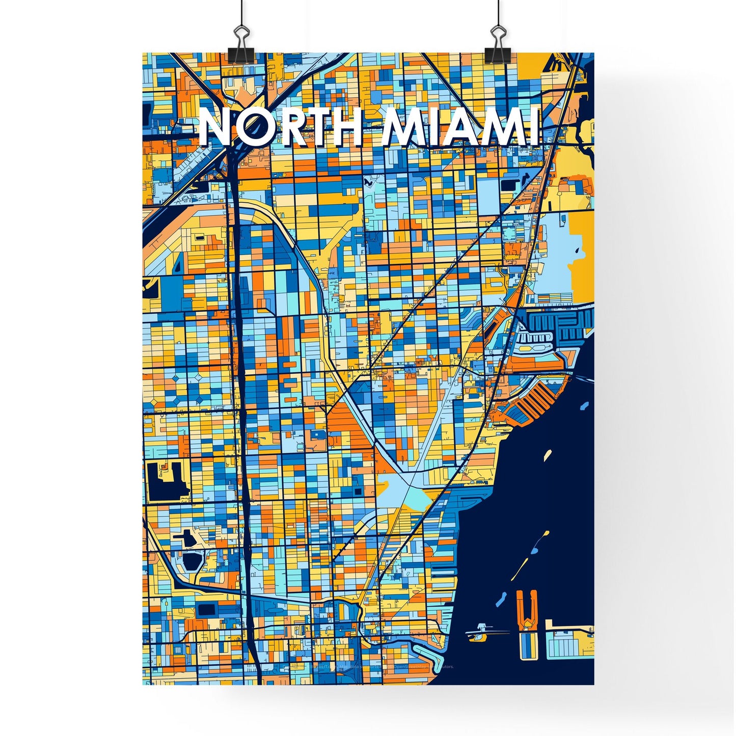 NORTH MIAMI FLORIDA Vibrant Colorful Art Map Poster Blue Orange