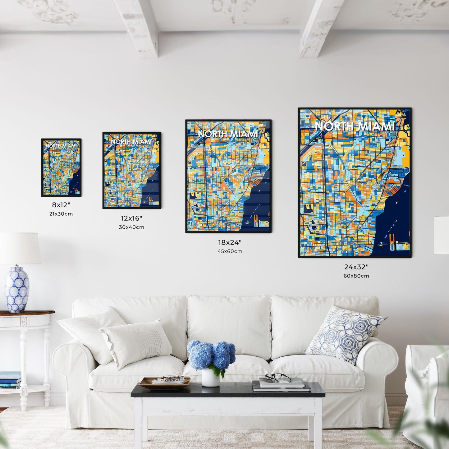 NORTH MIAMI FLORIDA Vibrant Colorful Art Map Poster Blue Orange