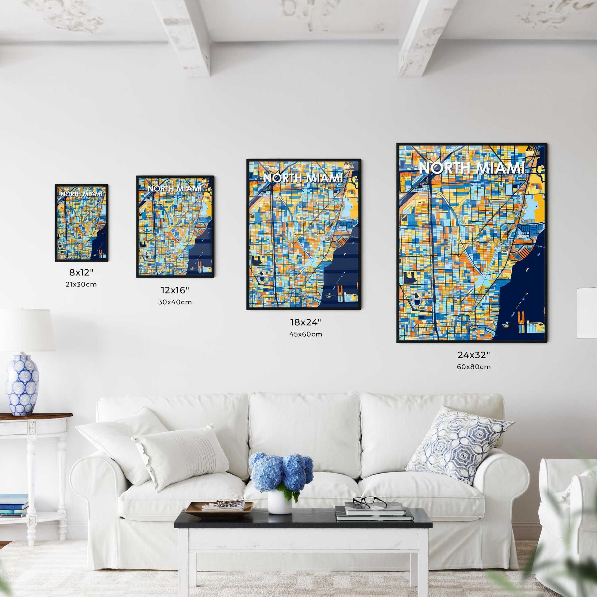 NORTH MIAMI FLORIDA Vibrant Colorful Art Map Poster Blue Orange