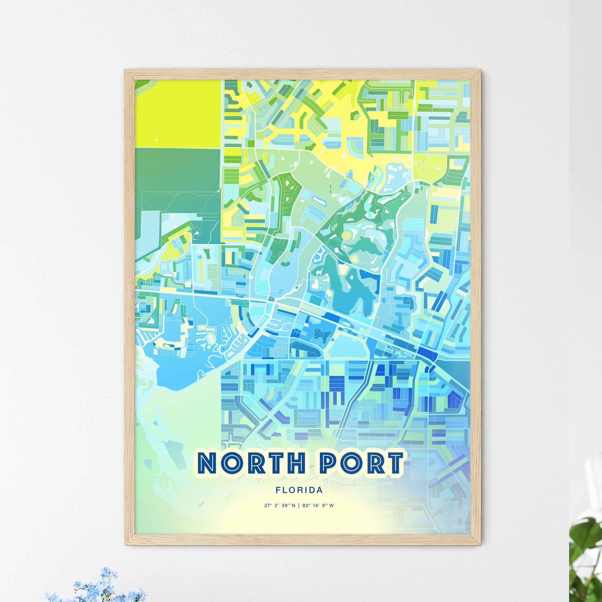 Colorful North Port Florida Fine Art Map Cool Blue