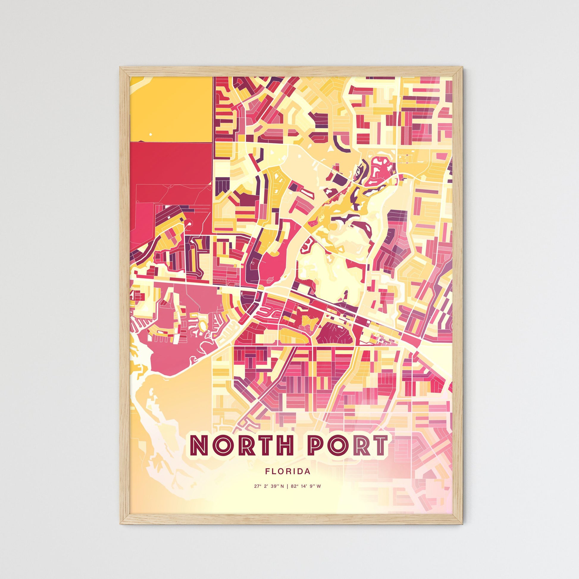 Colorful North Port Florida Fine Art Map Hot Red