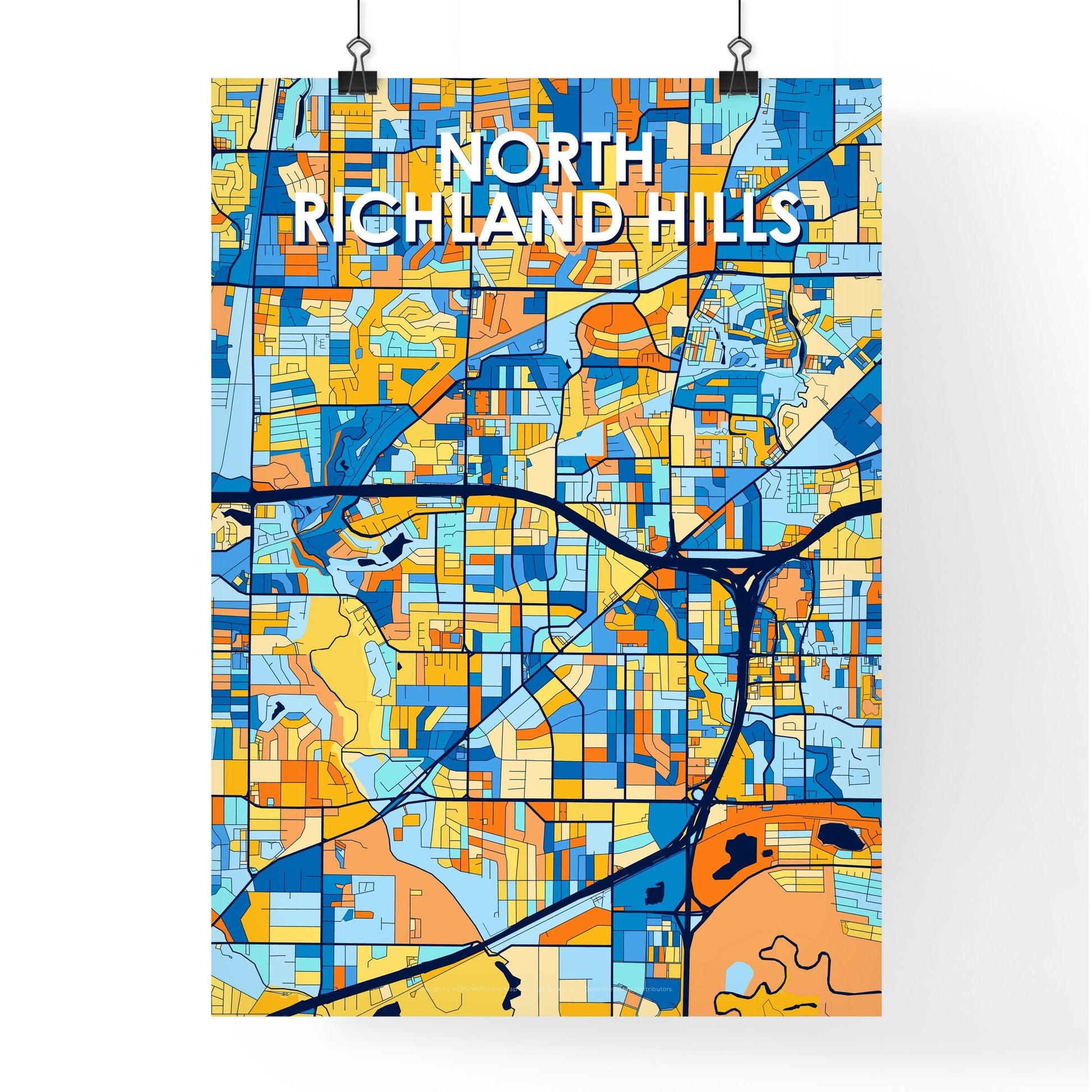 NORTH RICHLAND HILLS TEXAS Vibrant Colorful Art Map Poster Blue Orange