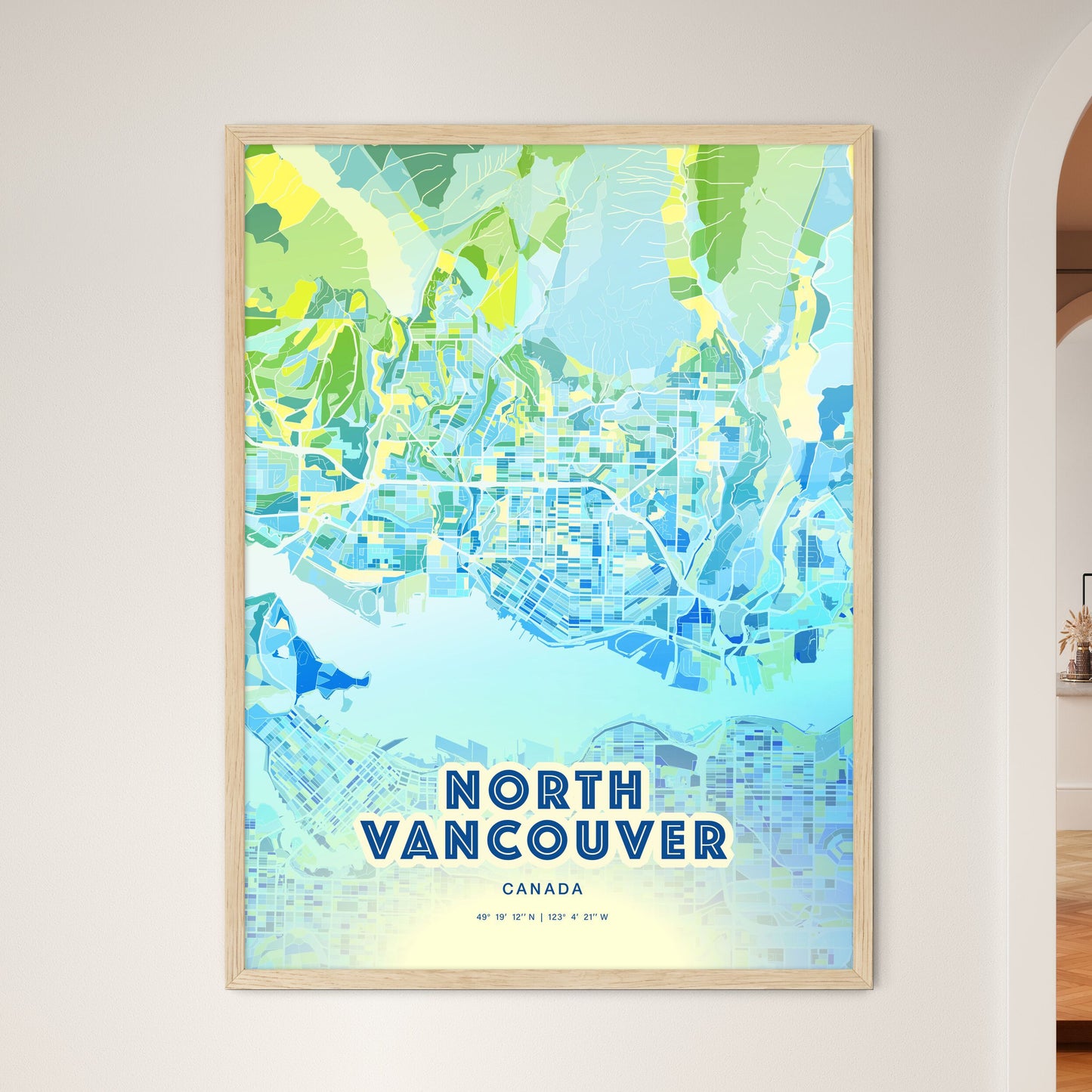 Colorful North Vancouver Canada Fine Art Map Cool Blue