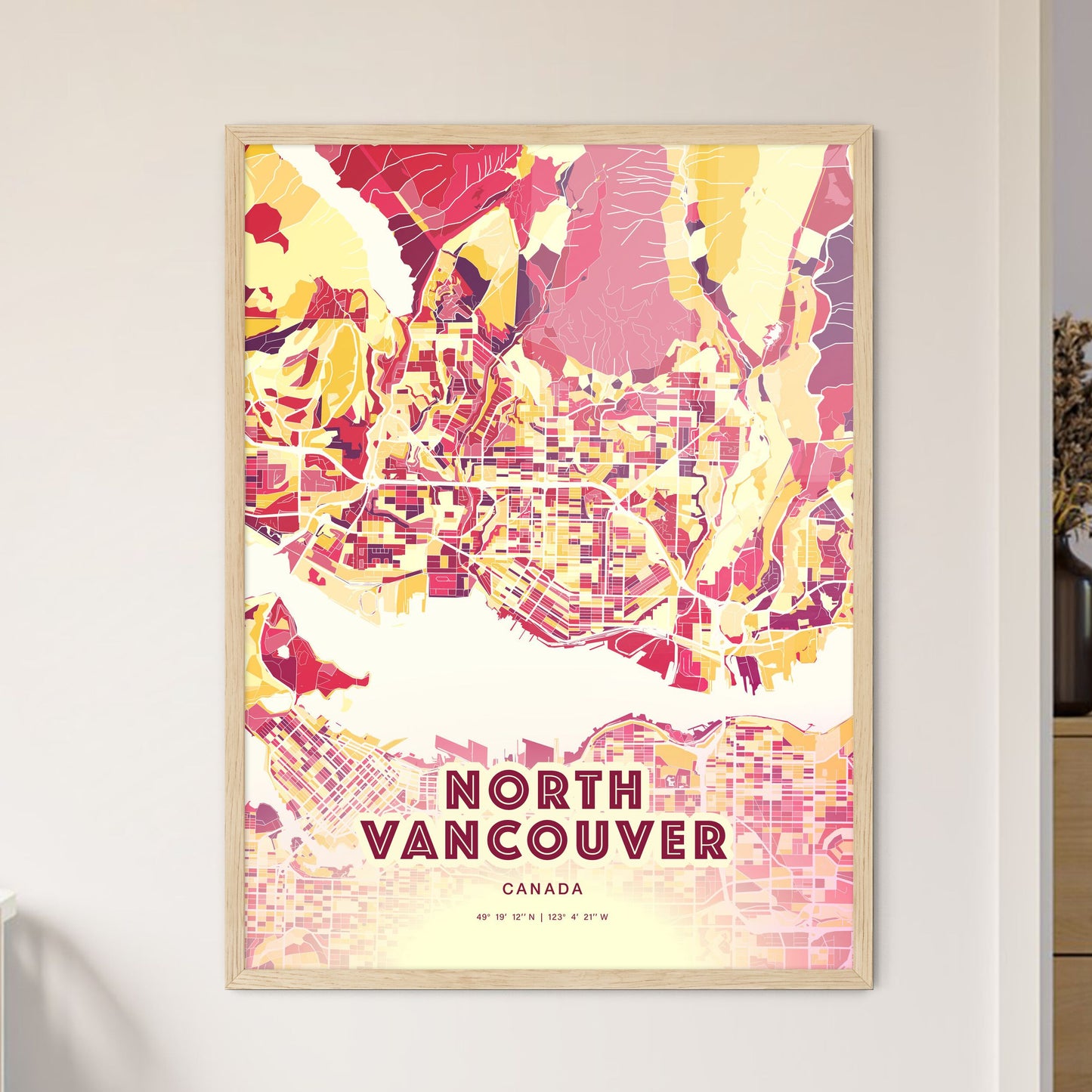 Colorful North Vancouver Canada Fine Art Map Hot Red