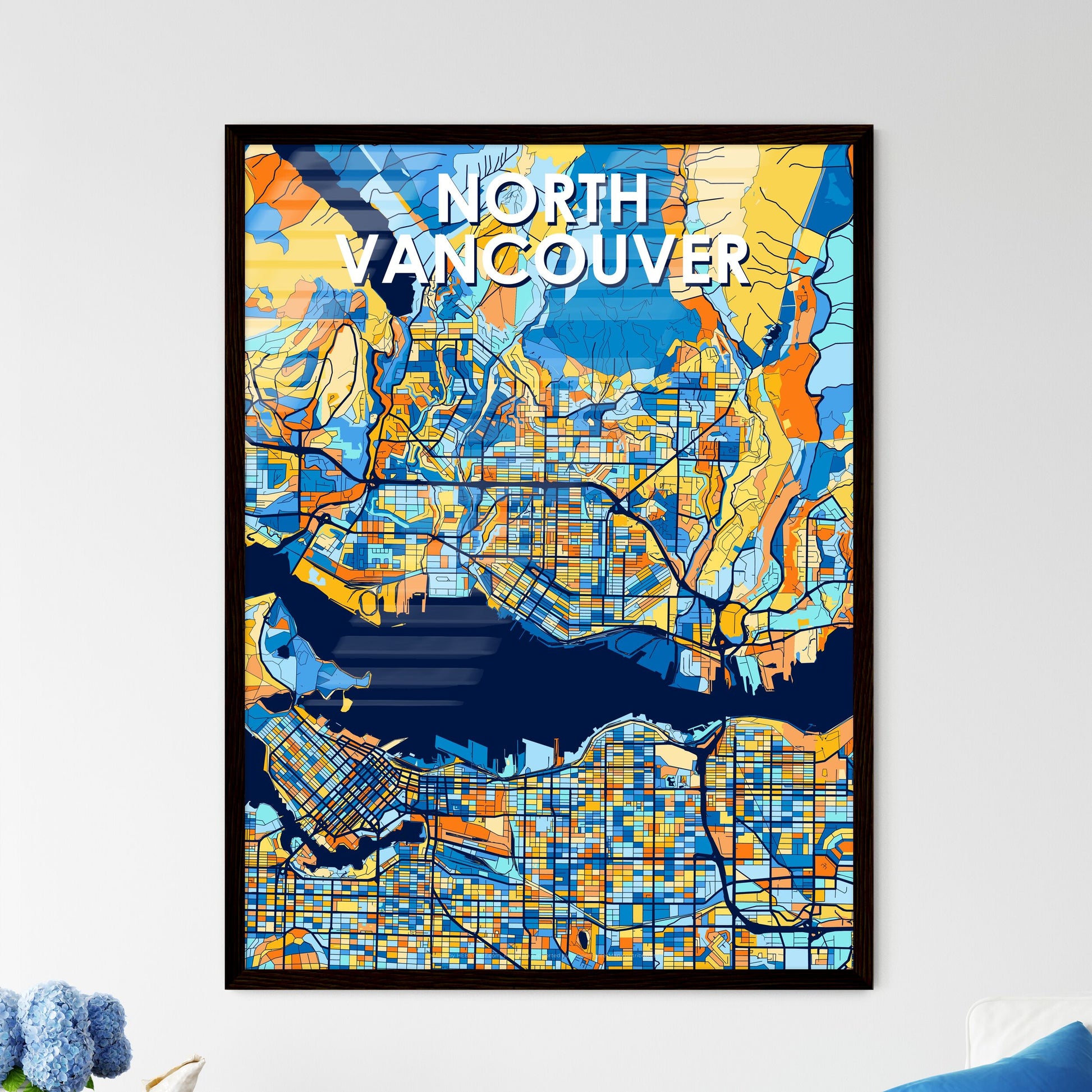 NORTH VANCOUVER CANADA Vibrant Colorful Art Map Poster Blue Orange