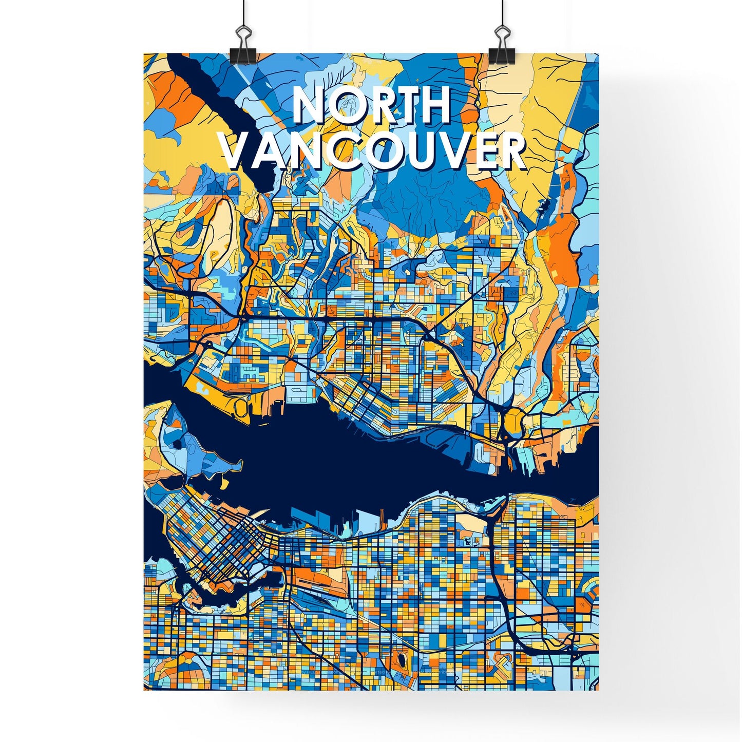 NORTH VANCOUVER CANADA Vibrant Colorful Art Map Poster Blue Orange