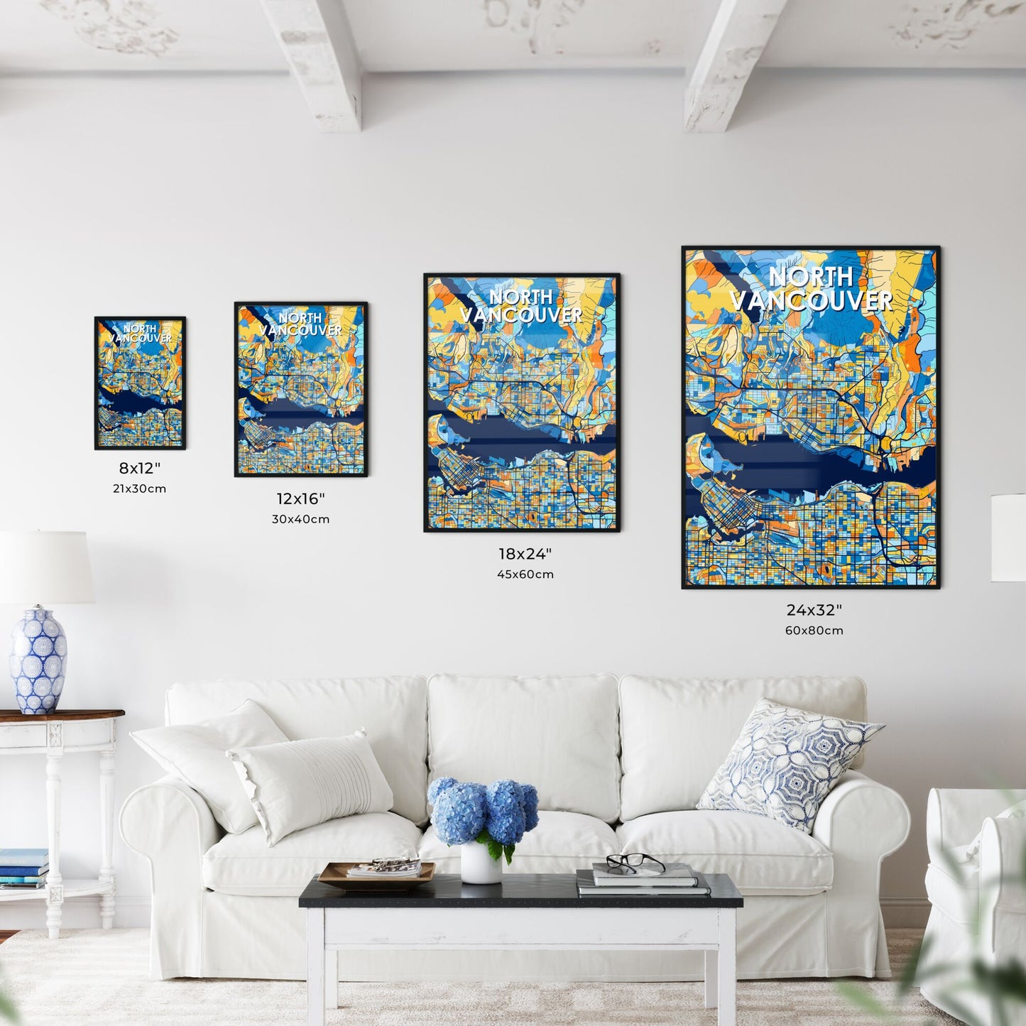 NORTH VANCOUVER CANADA Vibrant Colorful Art Map Poster Blue Orange