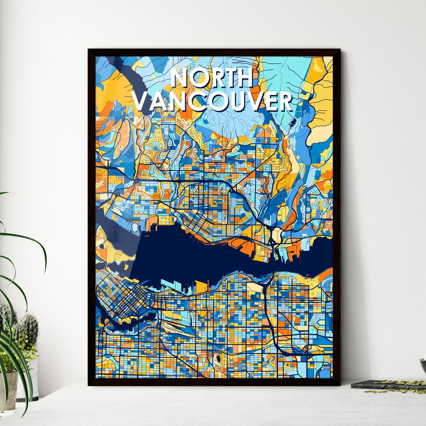 NORTH VANCOUVER CANADA Vibrant Colorful Art Map Poster Blue Orange