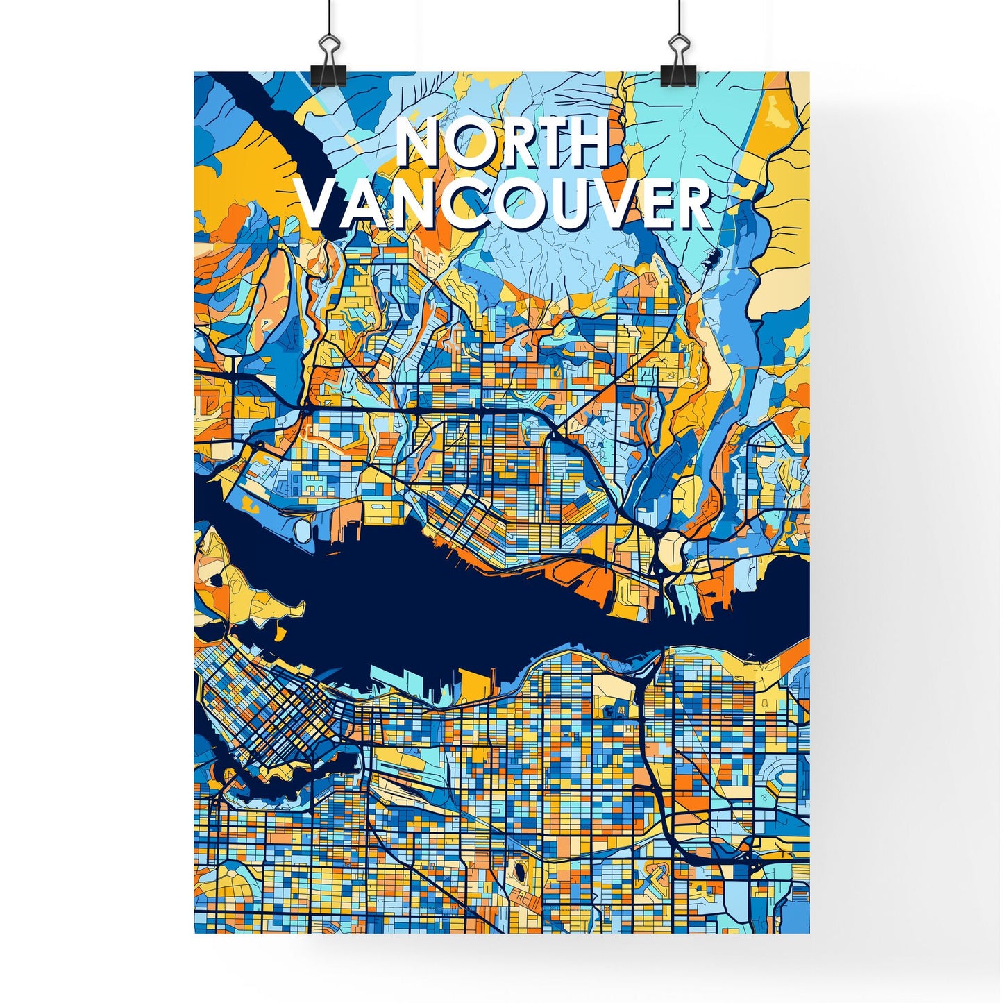 NORTH VANCOUVER CANADA Vibrant Colorful Art Map Poster Blue Orange