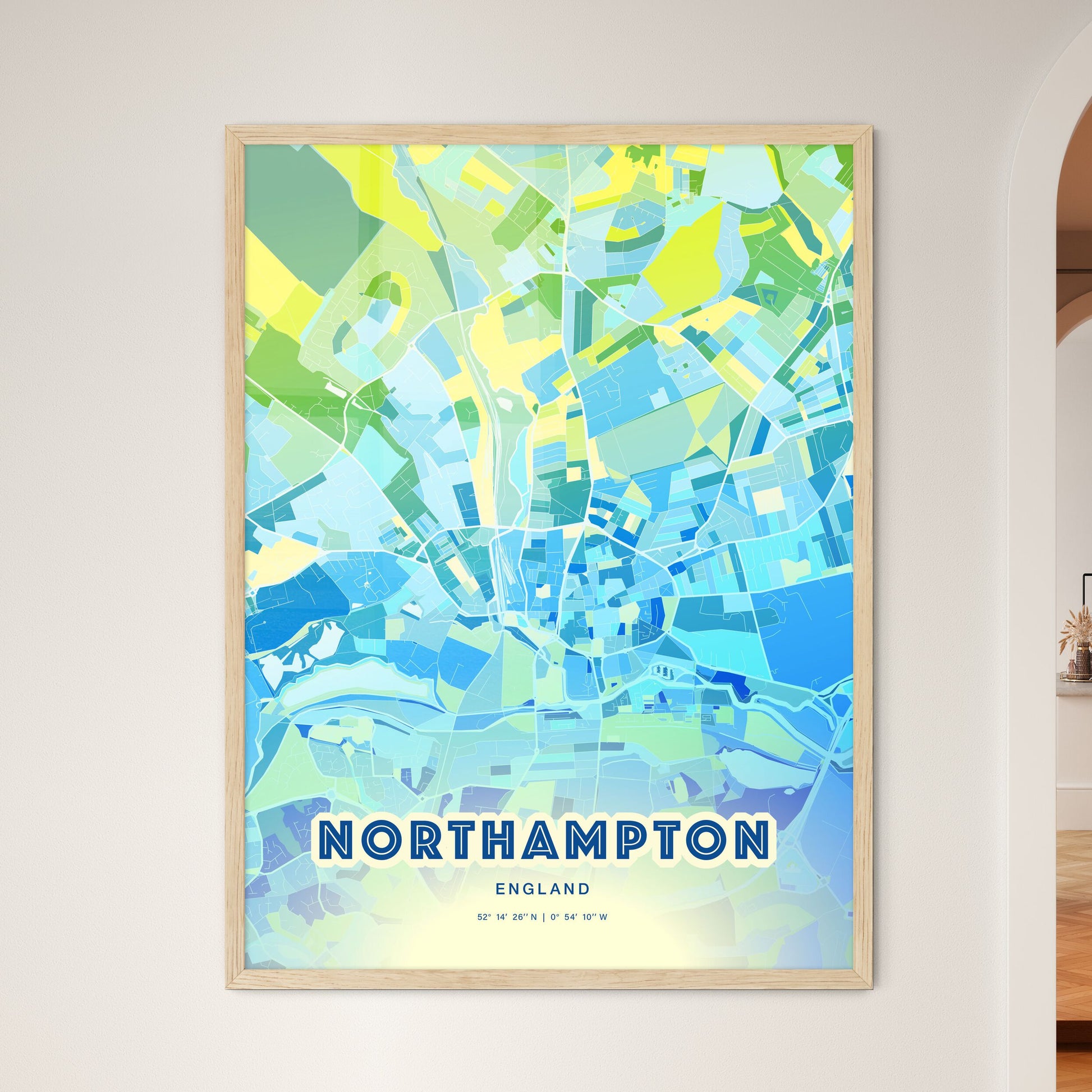 Colorful Northampton England Fine Art Map Cool Blue