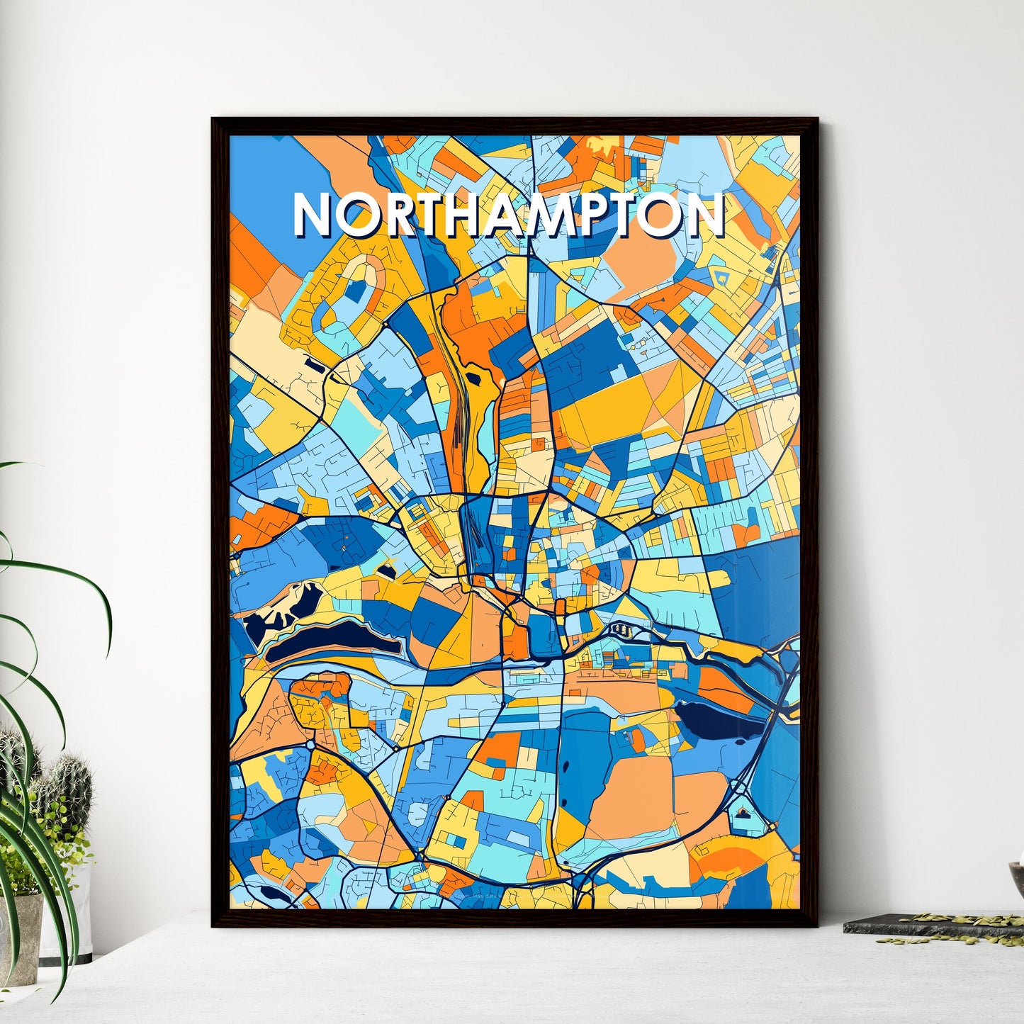 NORTHAMPTON ENGLAND Vibrant Colorful Art Map Poster Blue Orange