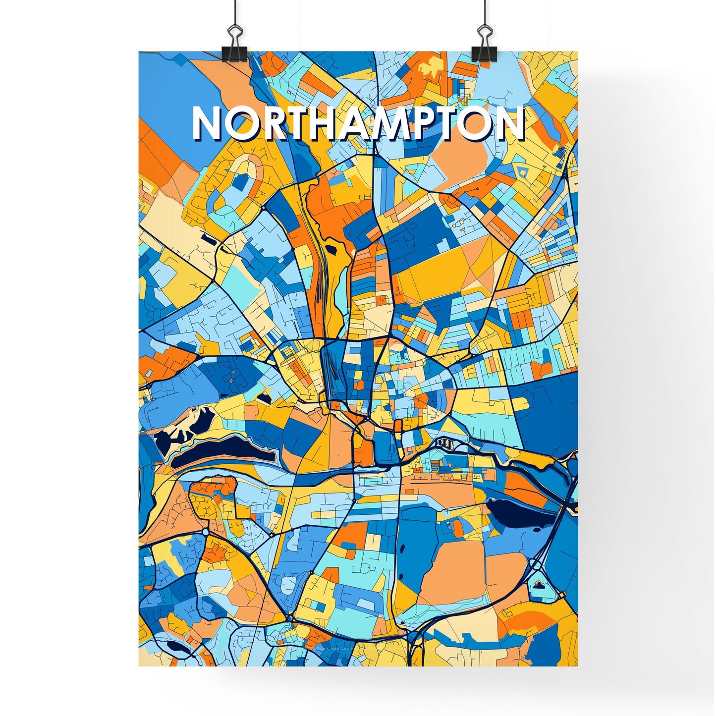 NORTHAMPTON ENGLAND Vibrant Colorful Art Map Poster Blue Orange