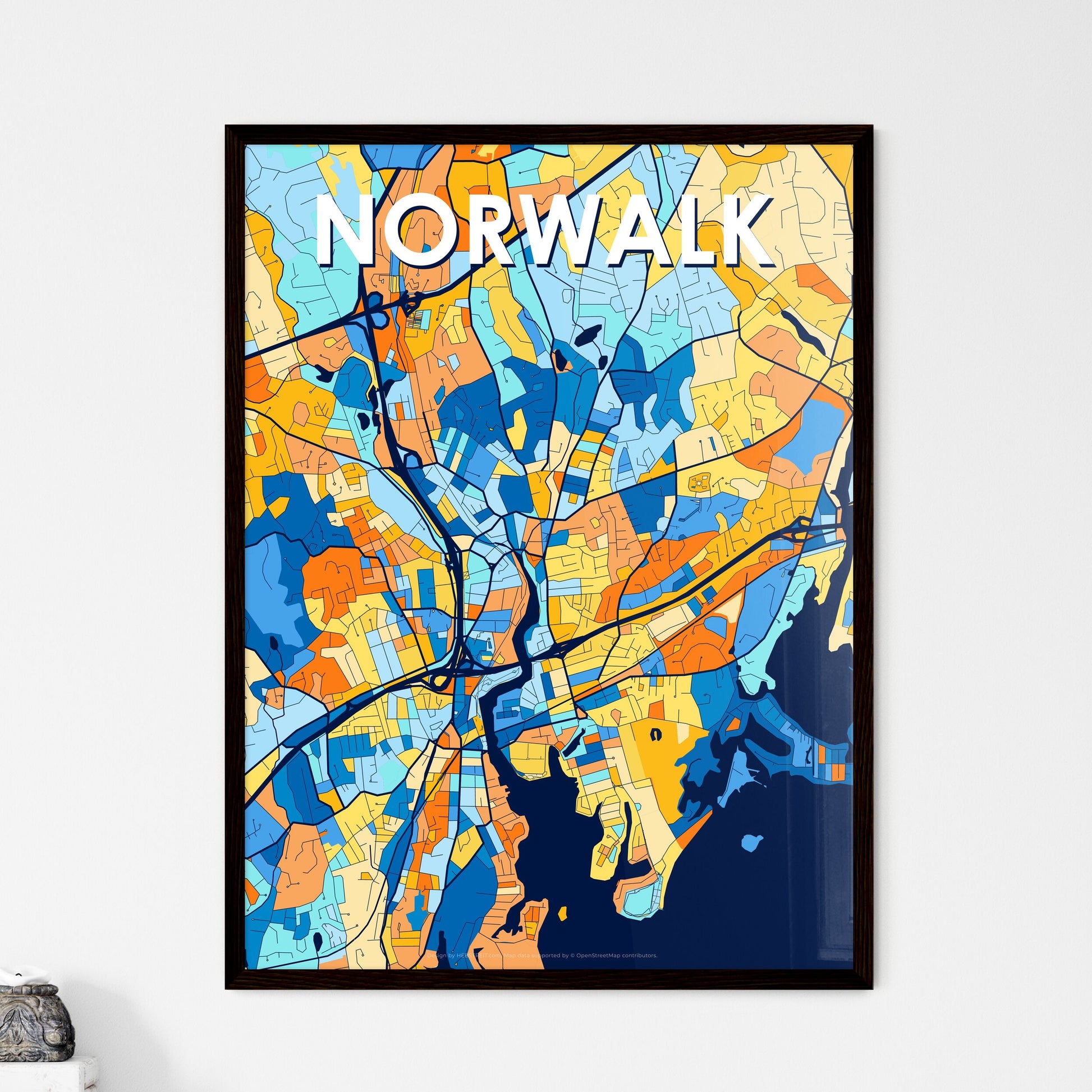 NORWALK CONNECTICUT Vibrant Colorful Art Map Poster Blue Orange