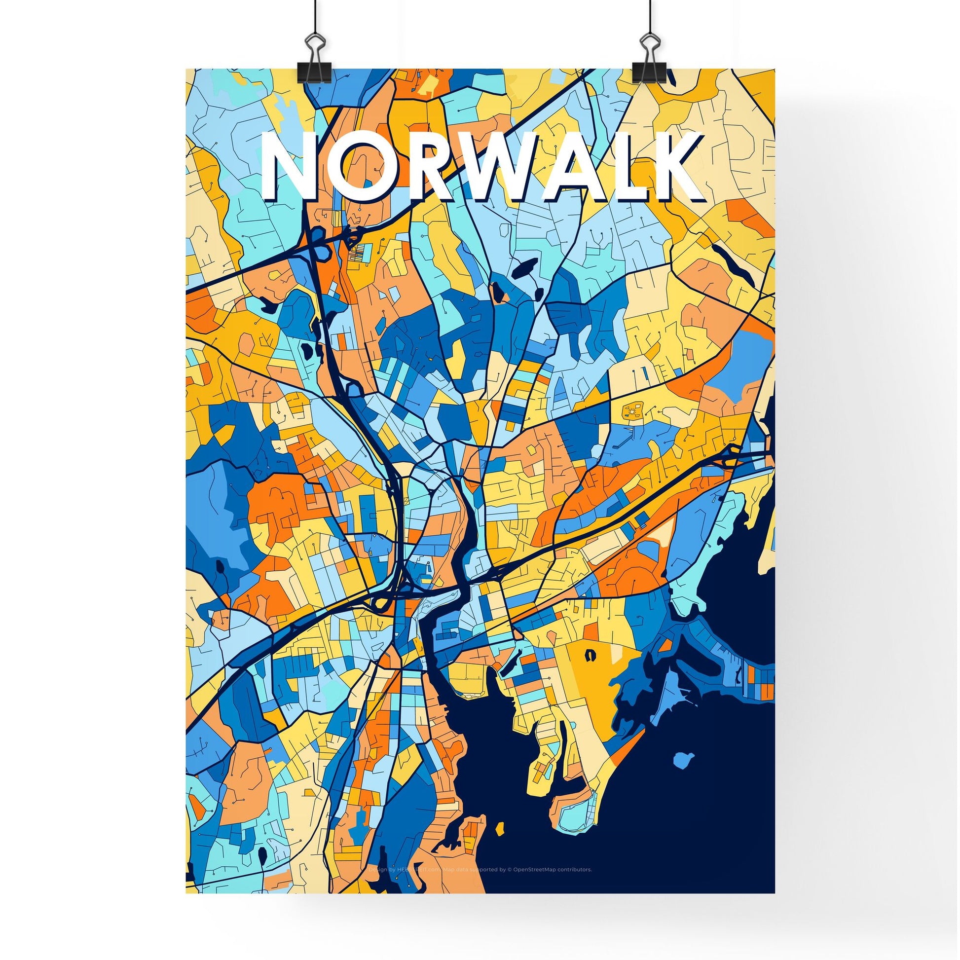 NORWALK CONNECTICUT Vibrant Colorful Art Map Poster Blue Orange