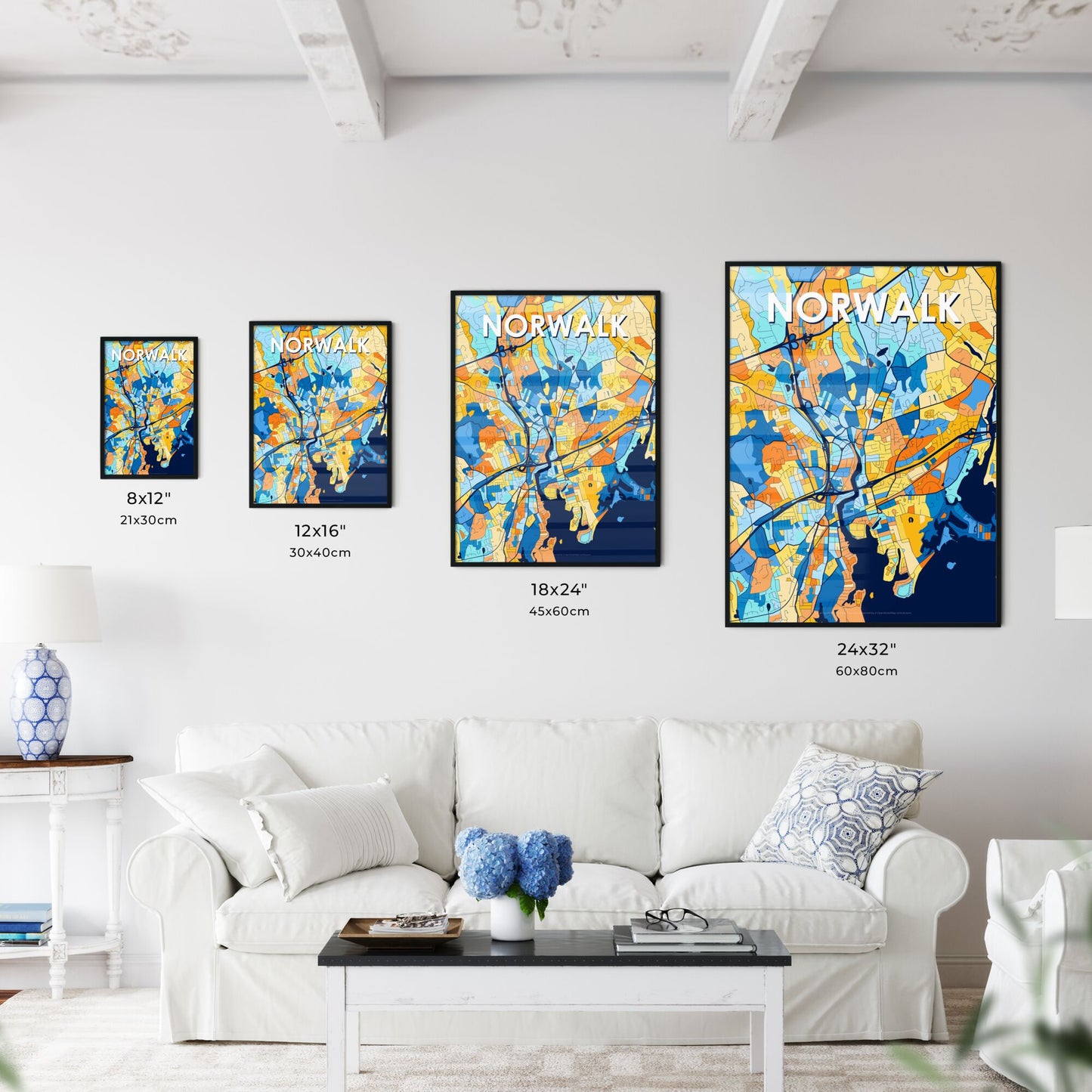 NORWALK CONNECTICUT Vibrant Colorful Art Map Poster Blue Orange