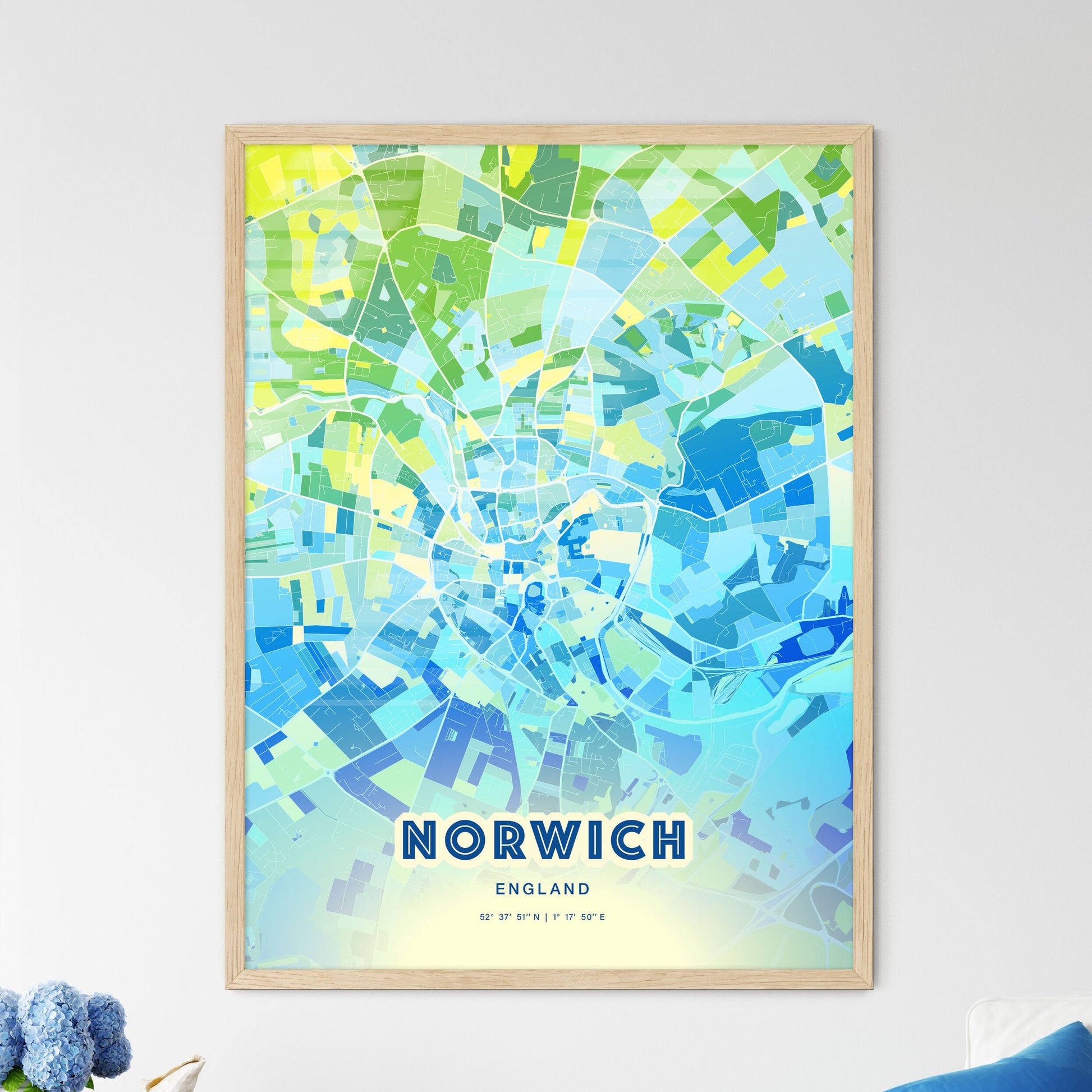 Colorful Norwich England Fine Art Map Cool Blue