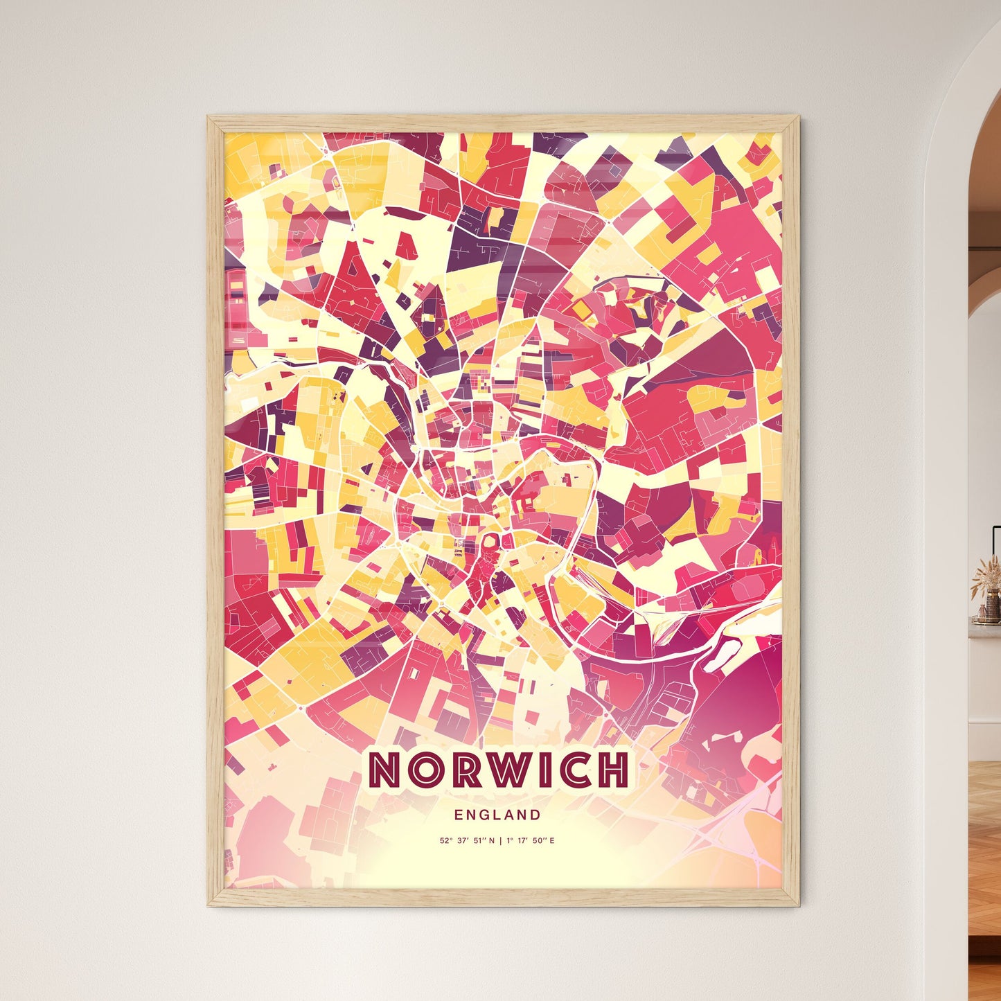 Colorful Norwich England Fine Art Map Hot Red