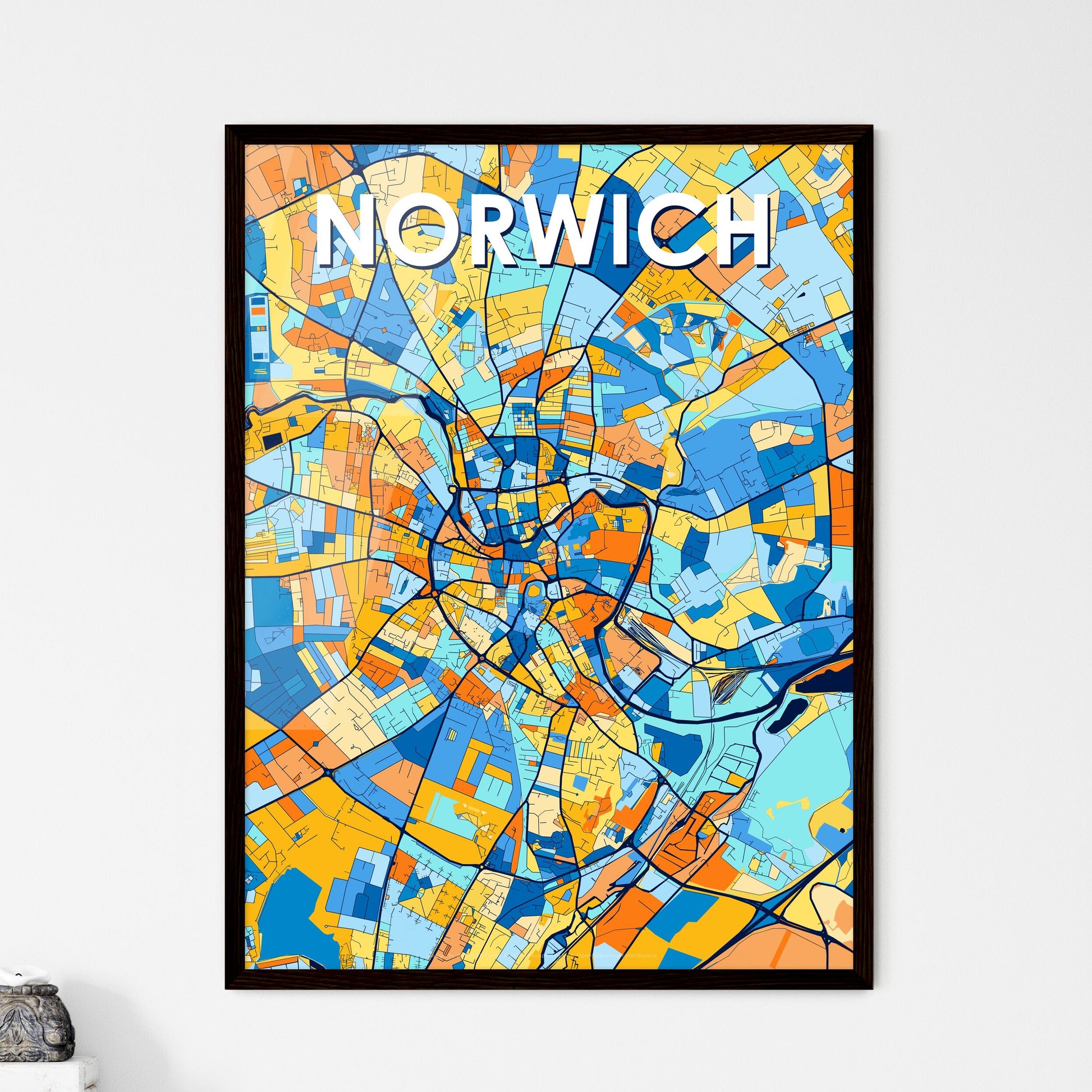 NORWICH ENGLAND Vibrant Colorful Art Map Poster Blue Orange