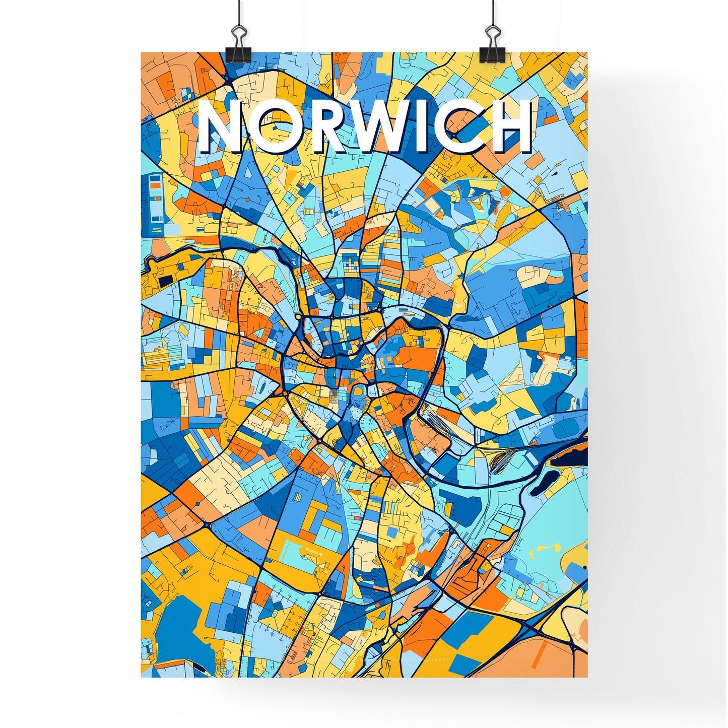 NORWICH ENGLAND Vibrant Colorful Art Map Poster Blue Orange